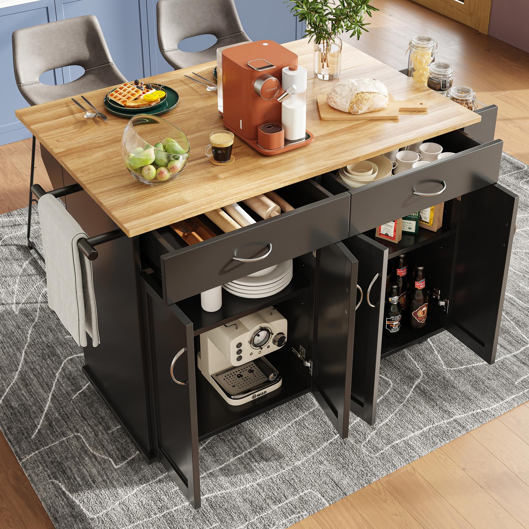Chariot d'îlot de cuisine, 1150 mm, desserte de cuisine mobile de dessus en bois avec armoire de rangement, abattant, support à épices, barre à serviette, étagère réglable, tiroir, crochet, noir