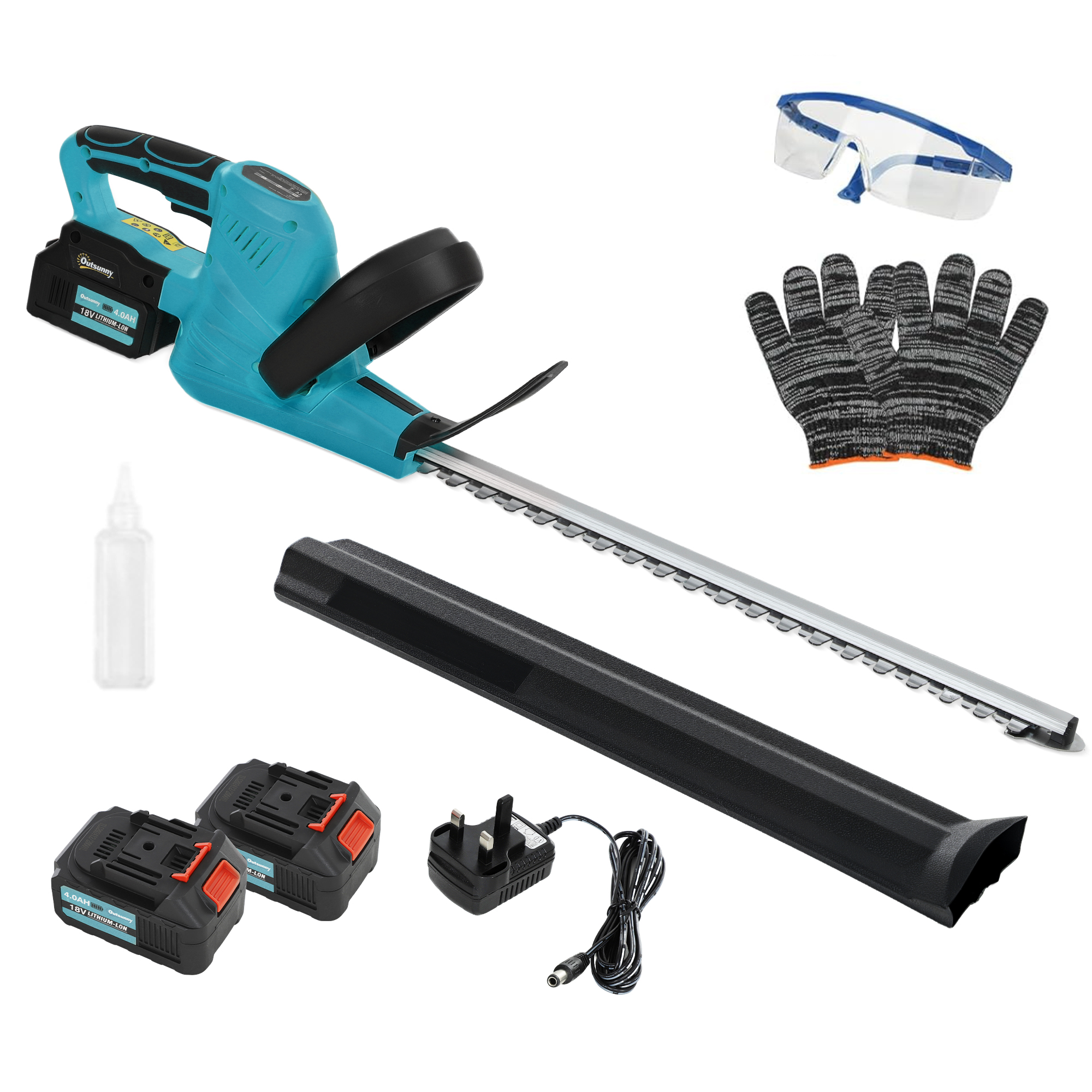 Outsunny 20" Cordless Hedge Trimmer, 21V Electric Hedge Cutter with 51cm Dual Action Blade, 2 x 4000mAh Batteries and Brushless Motor for Garden Branches, Shrubs, Twigs, Blue