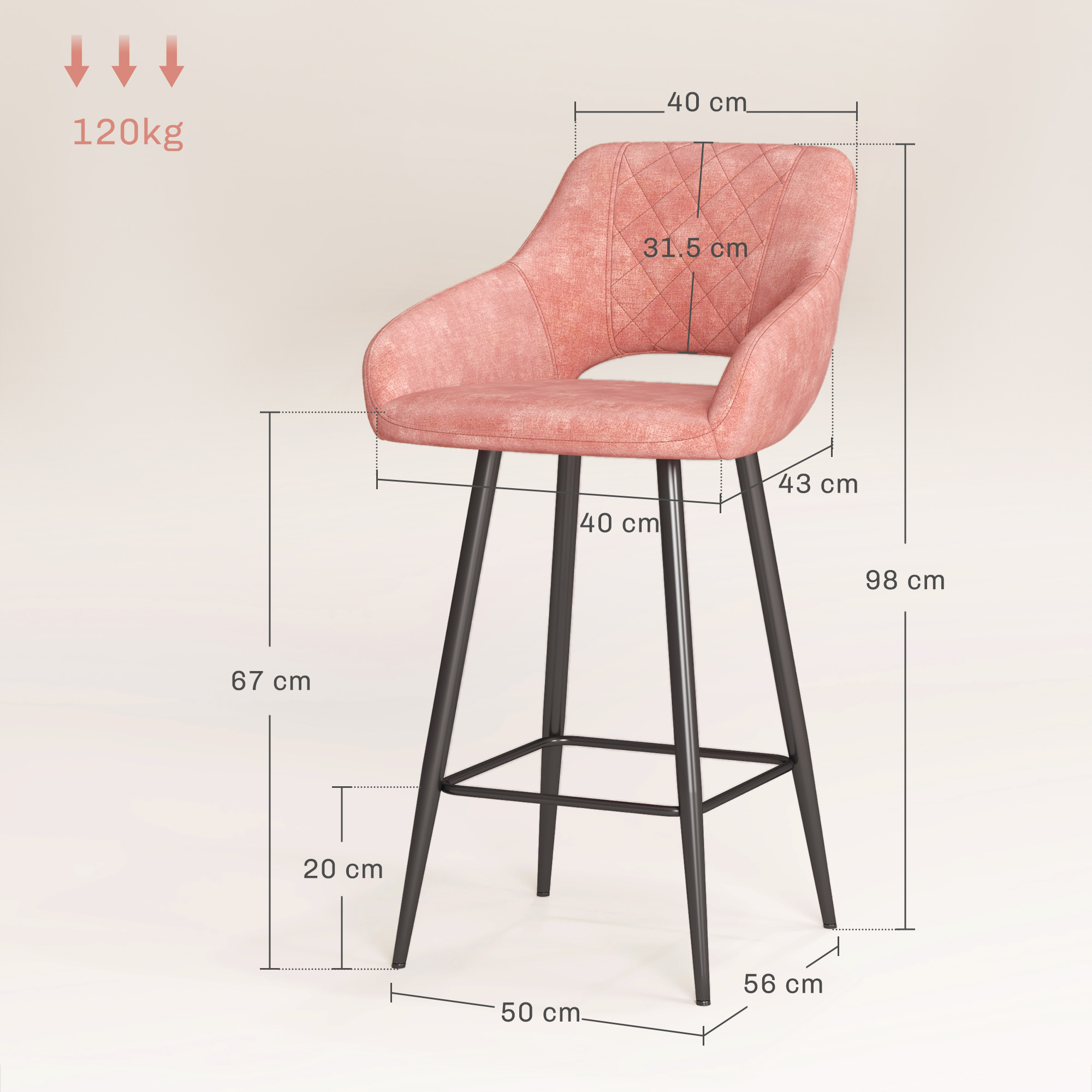HOMCOM Set of Two Velvet-Feel Bar Stools Pink 3