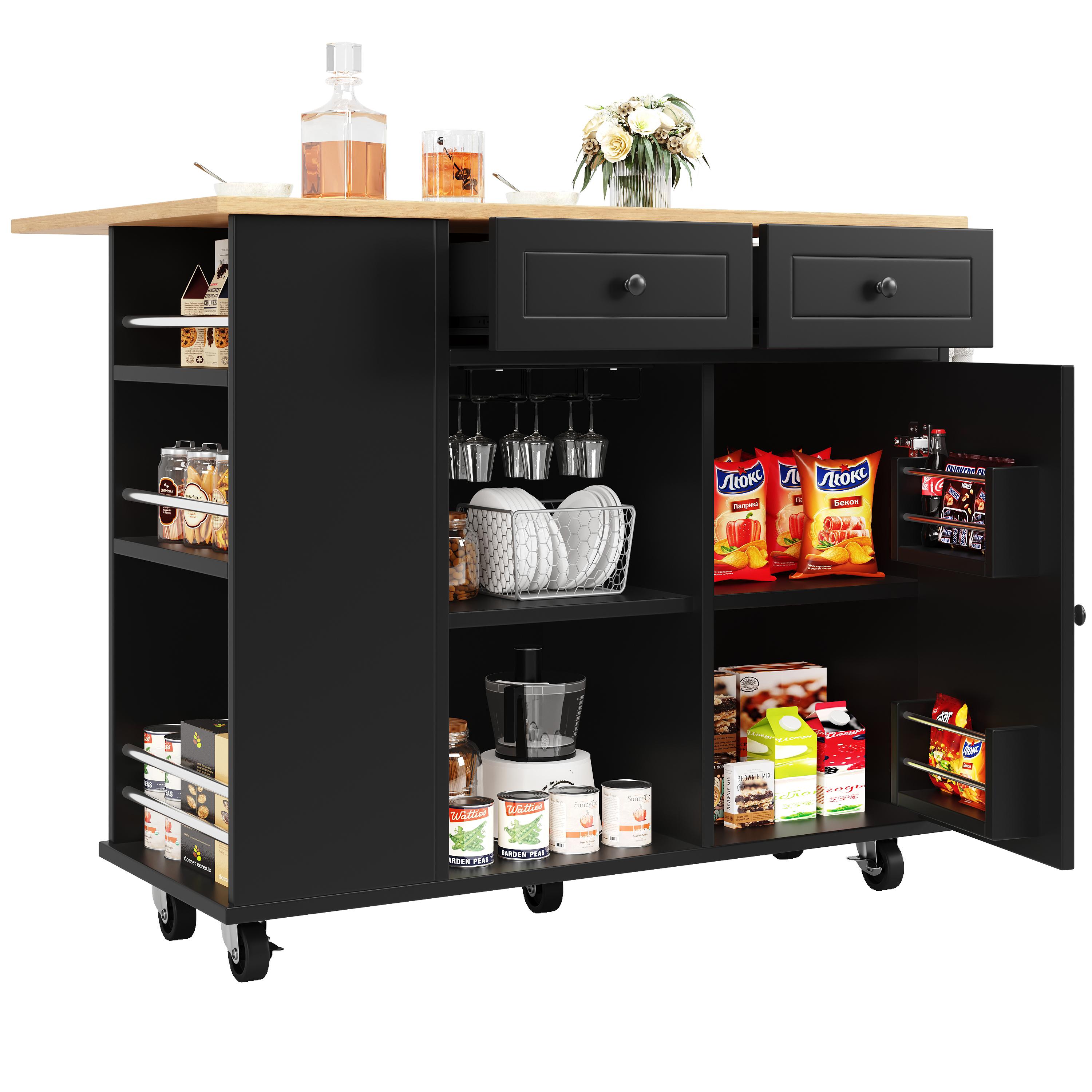 Isola Cucina 115 Cm Con Piano Estraibile E Girevole – Carrello Con Cassetti E Ripiani, Effetto Legno Nero, Per Cucina E Sala Da Pranzo