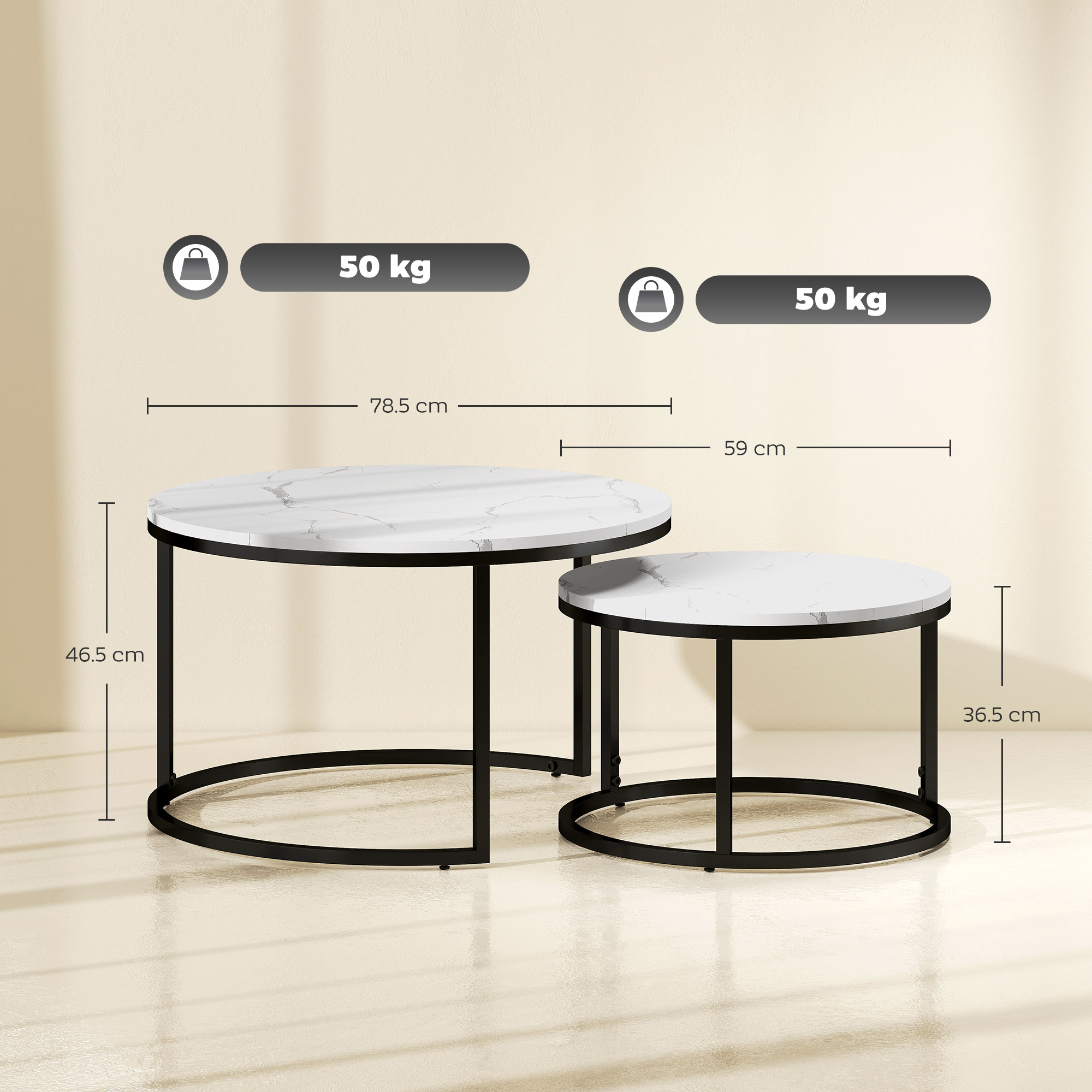 HOMCOM Set of Two Marble-Effect Stacking Tables Black/White 3