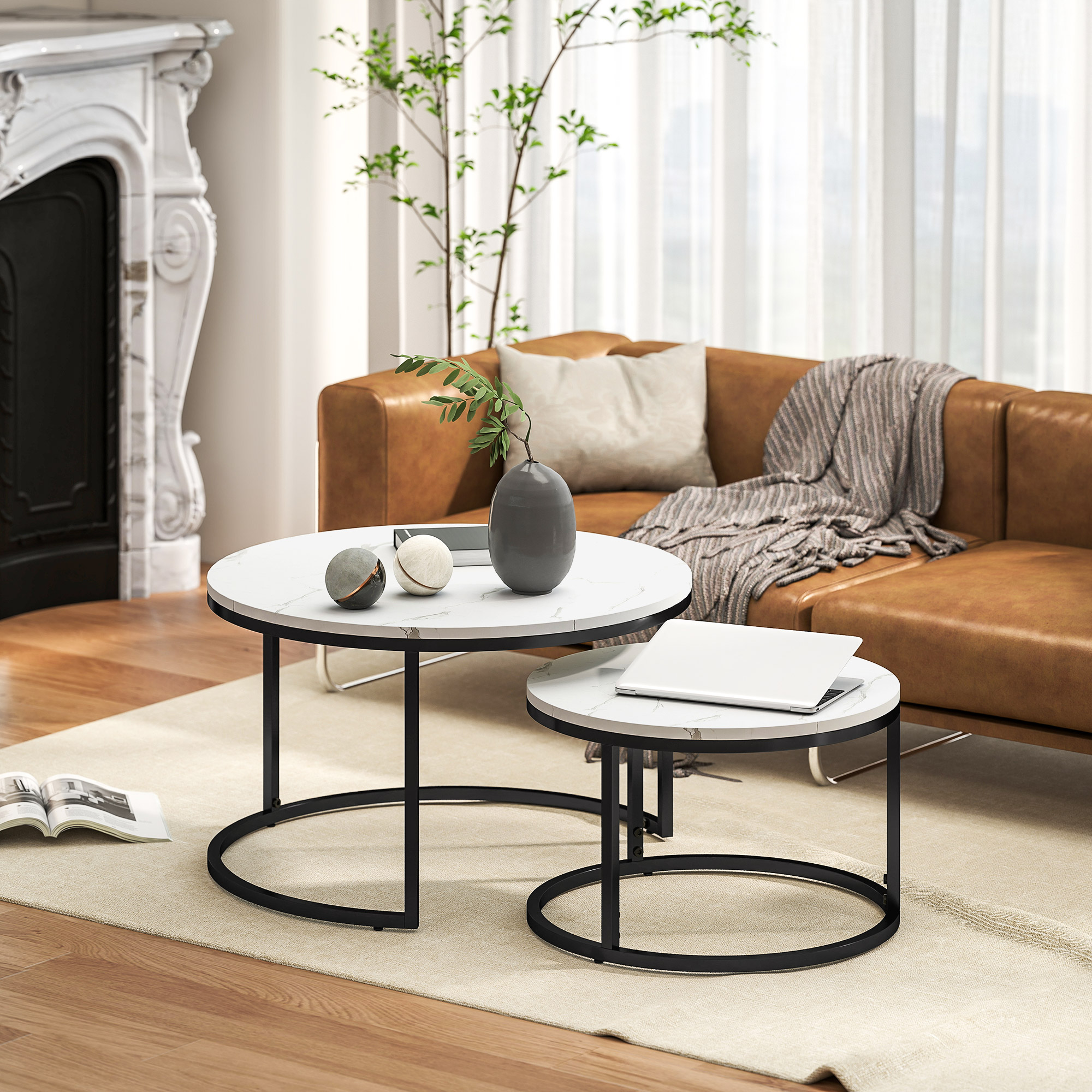 HOMCOM Set of Two Marble-Effect Stacking Tables Black/White 2