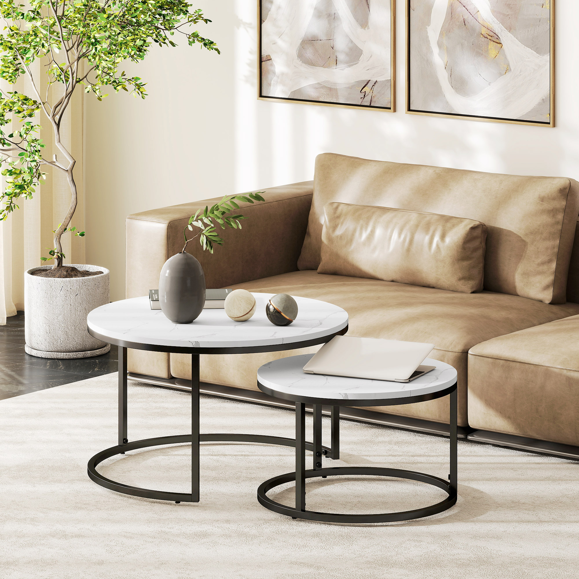 HOMCOM Set of Two Marble-Effect Stacking Tables Black/White 8
