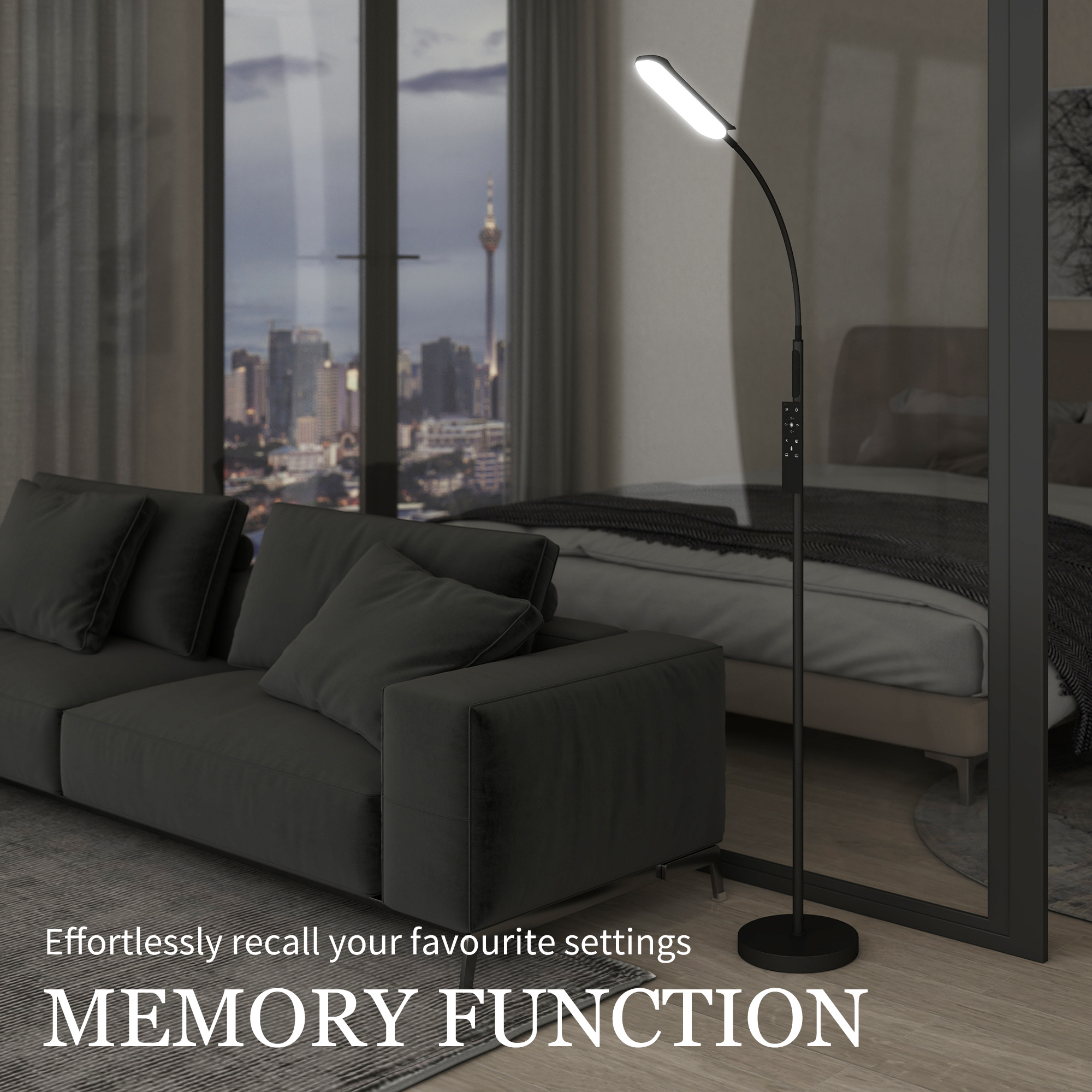 HOMCOM LED Floor Lamp, Standing Lamp with Remote & Touch Control, Stepless Dimmable Colours Temperature & Brightness, 360° Adjustable Gooseneck, 1 Hour Timer, Memory Function for Living Room, Black 5