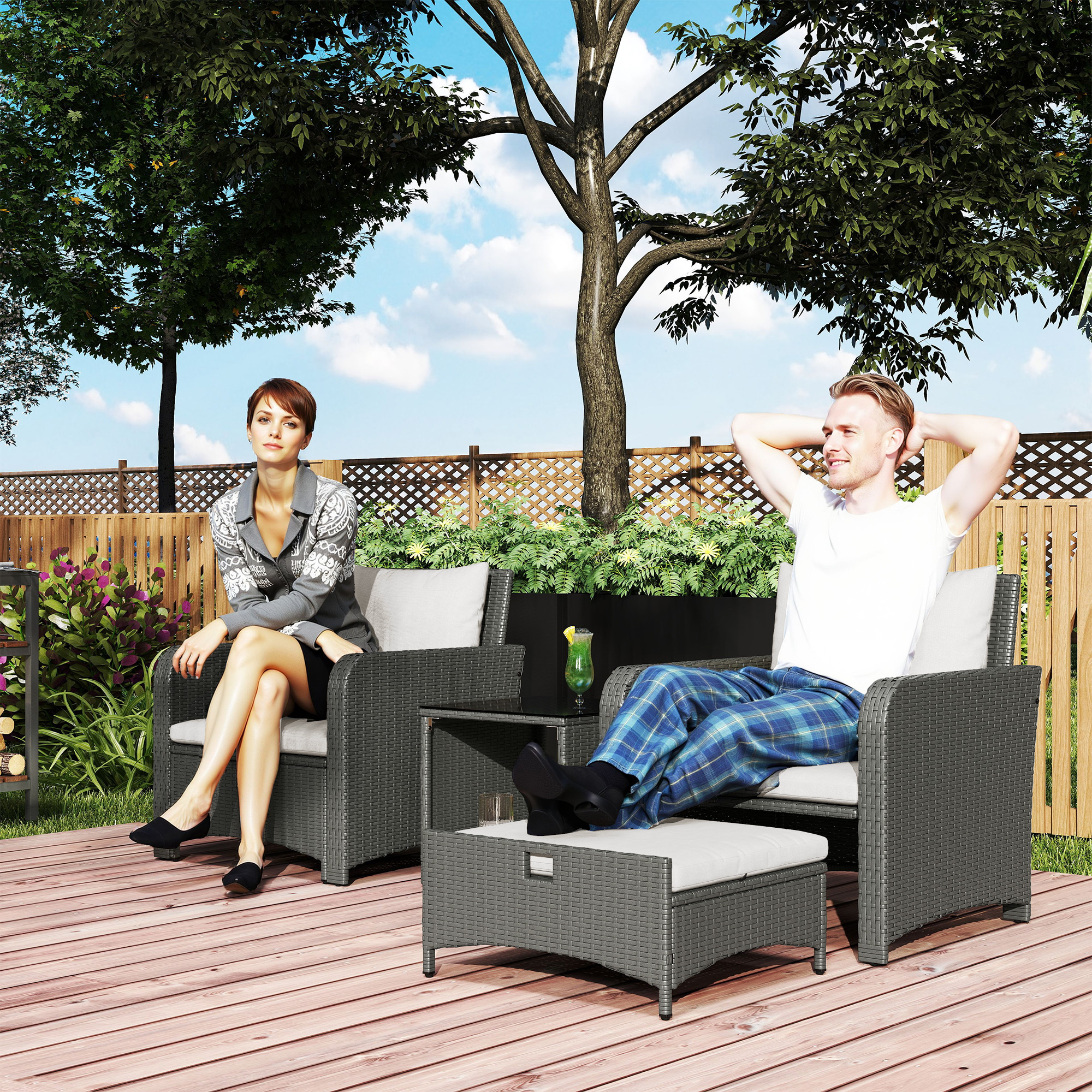 Outsunny Five Piece Rattan Garden Furniture Set with 2-Tier Coffee Table and Ottomans Cream White 2