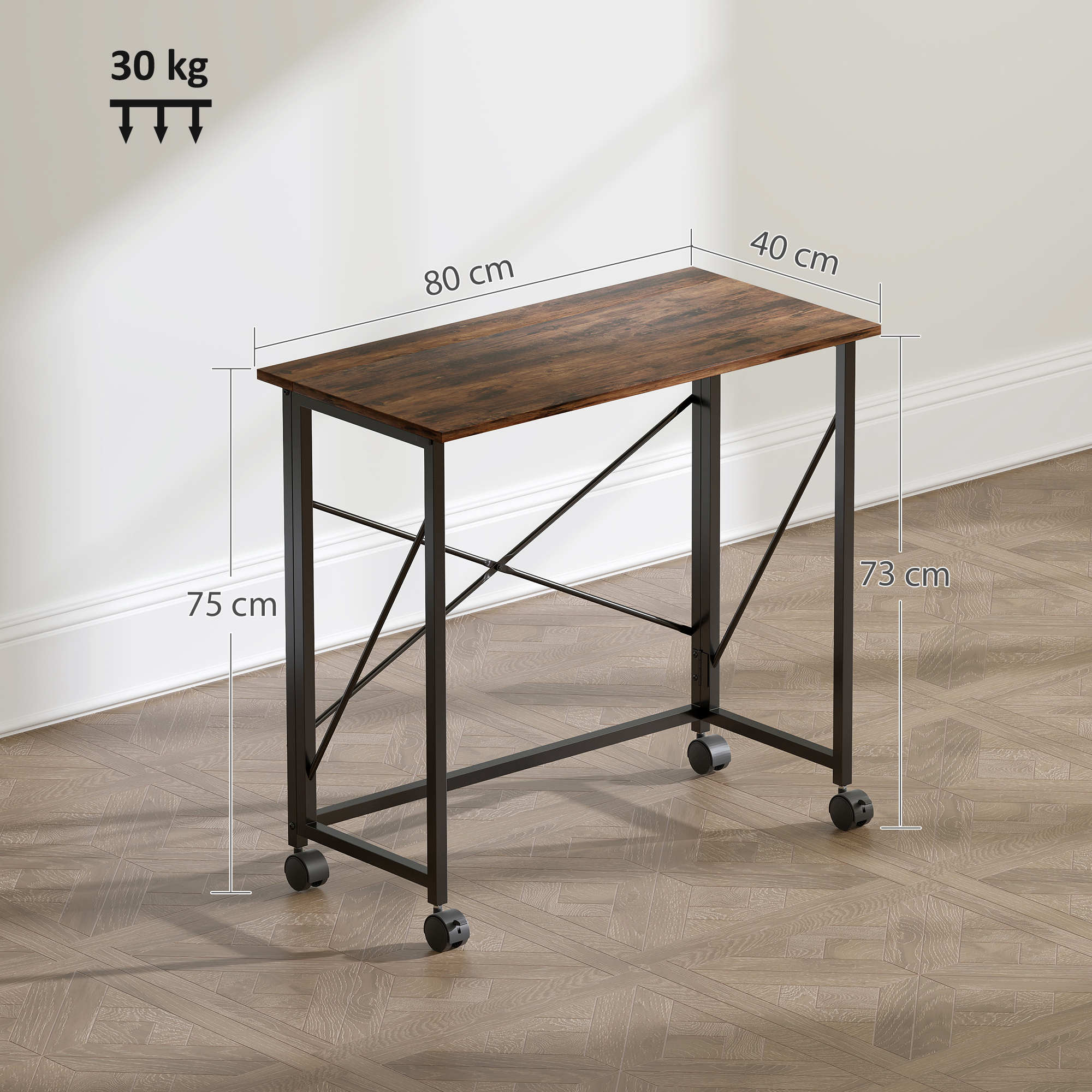 HOMCOM 80 cm Folding Desk on Wheels Rustic Brown 3