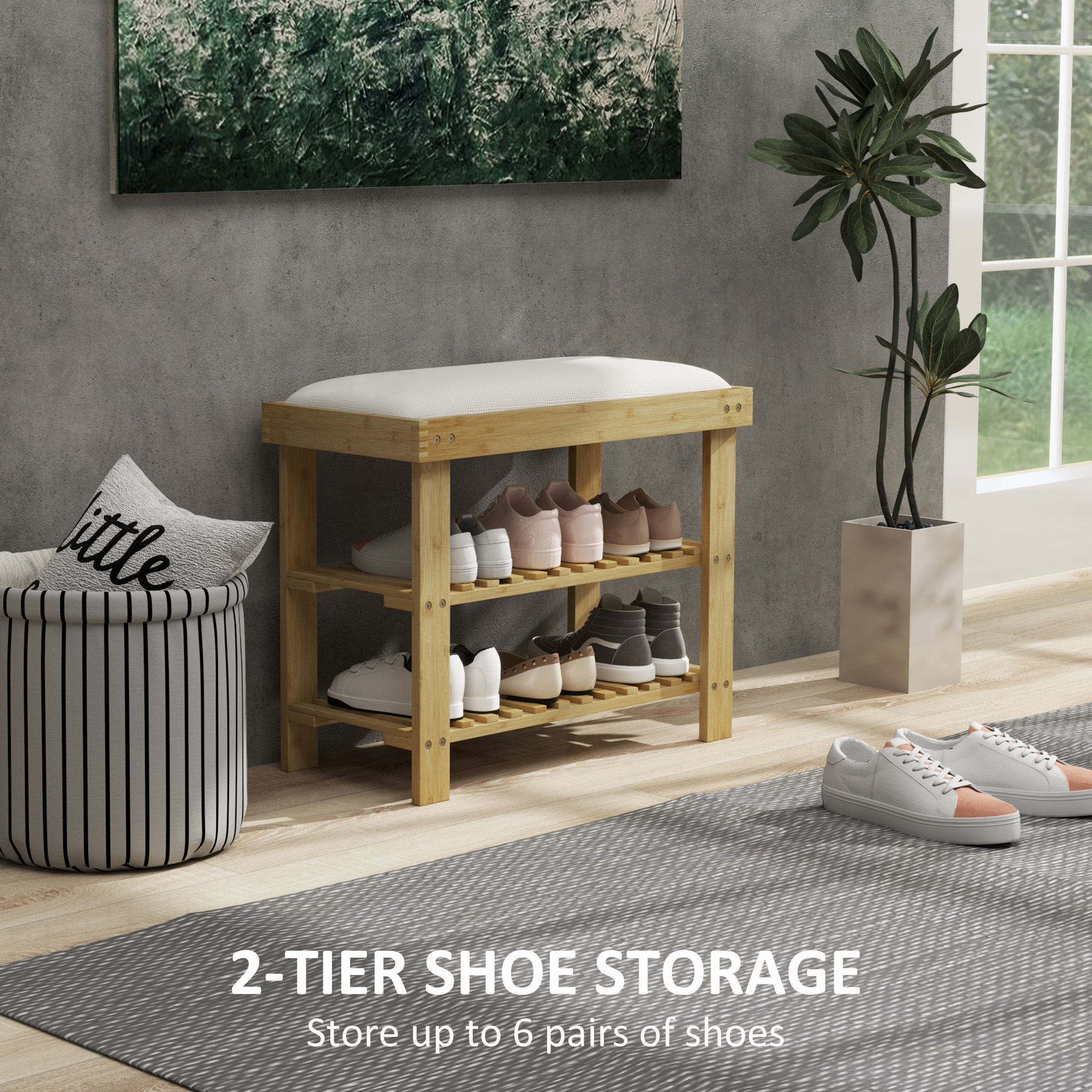 HOMCOM Bamboo Shoe Storage Bench, 3-Tier Shoe Bench with Seat Cushion, Shoe Rack for Entryway, Hallway, Living Room, Bedroom, Cream White 5