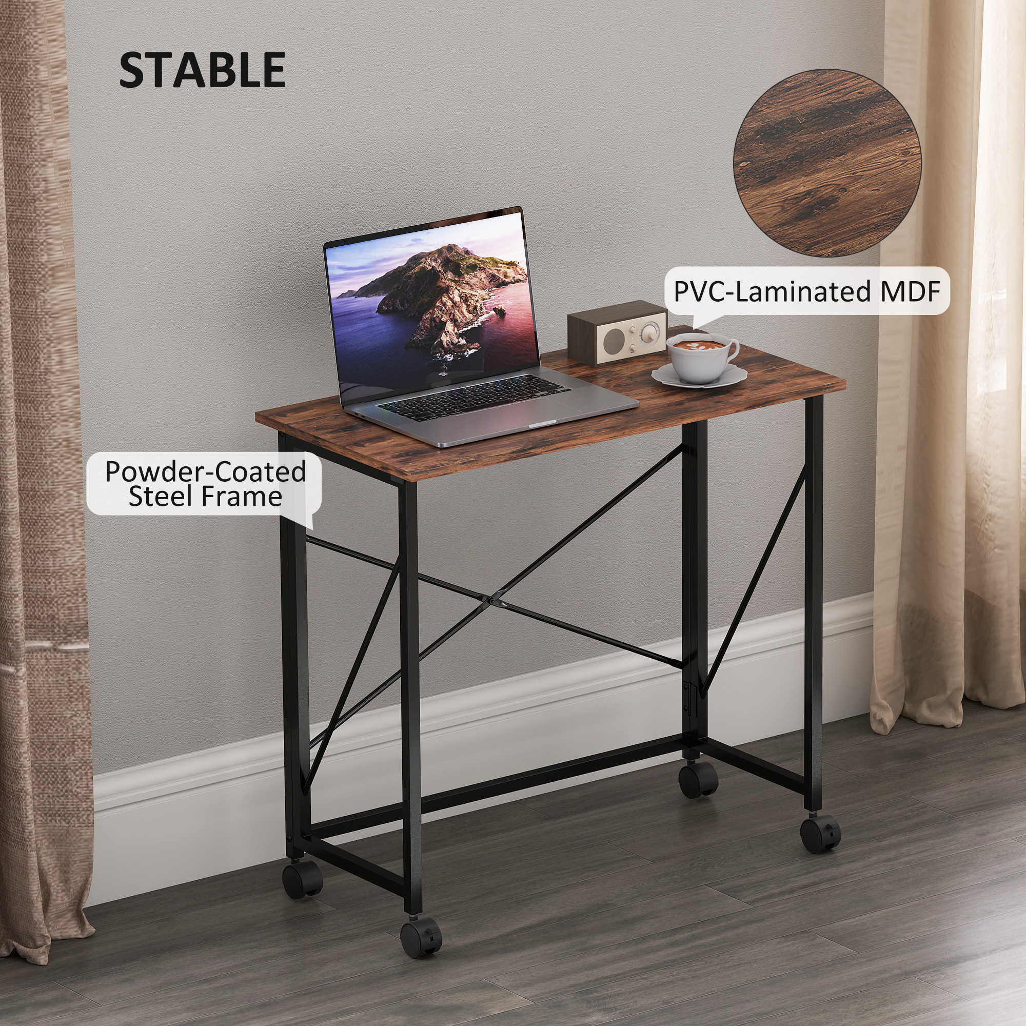 HOMCOM 80 cm Folding Desk on Wheels Rustic Brown 6