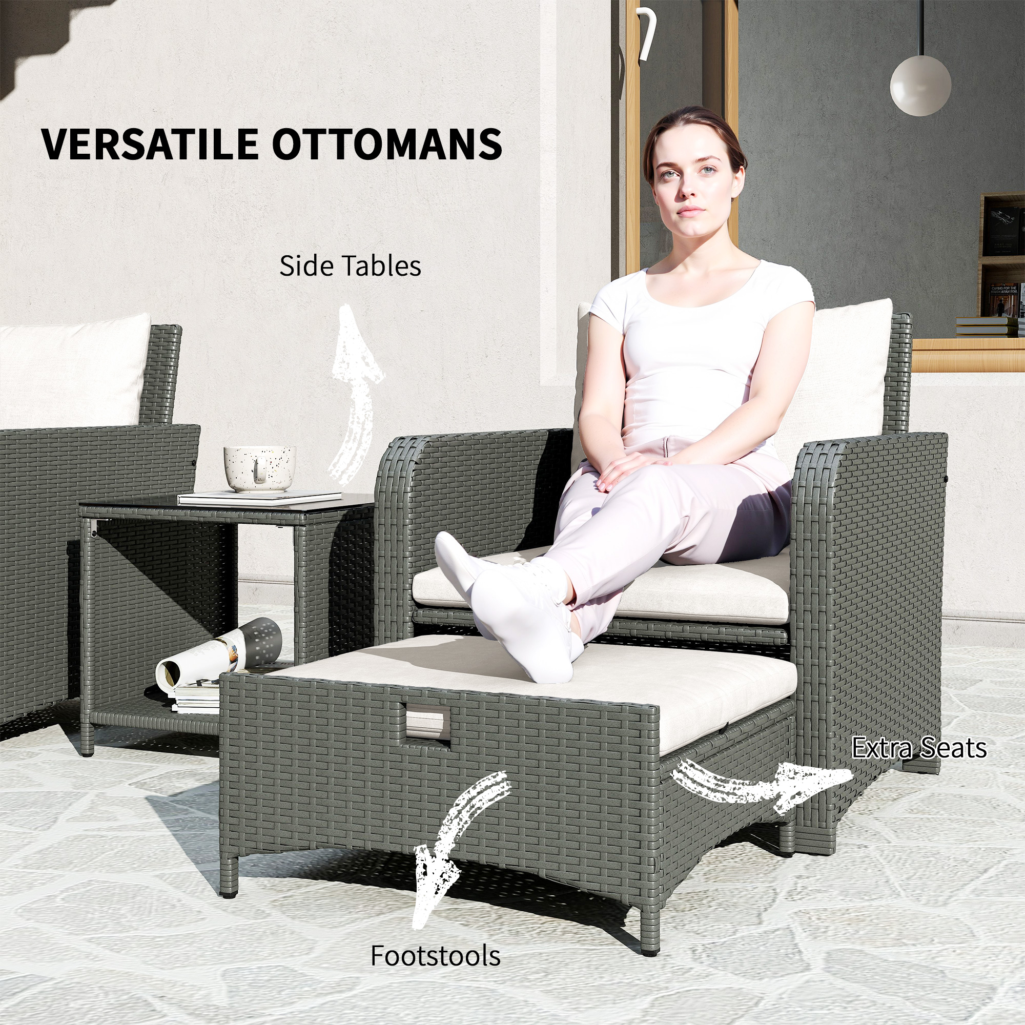 Outsunny Five Piece Rattan Garden Furniture Set with 2-Tier Coffee Table and Ottomans Cream White 5