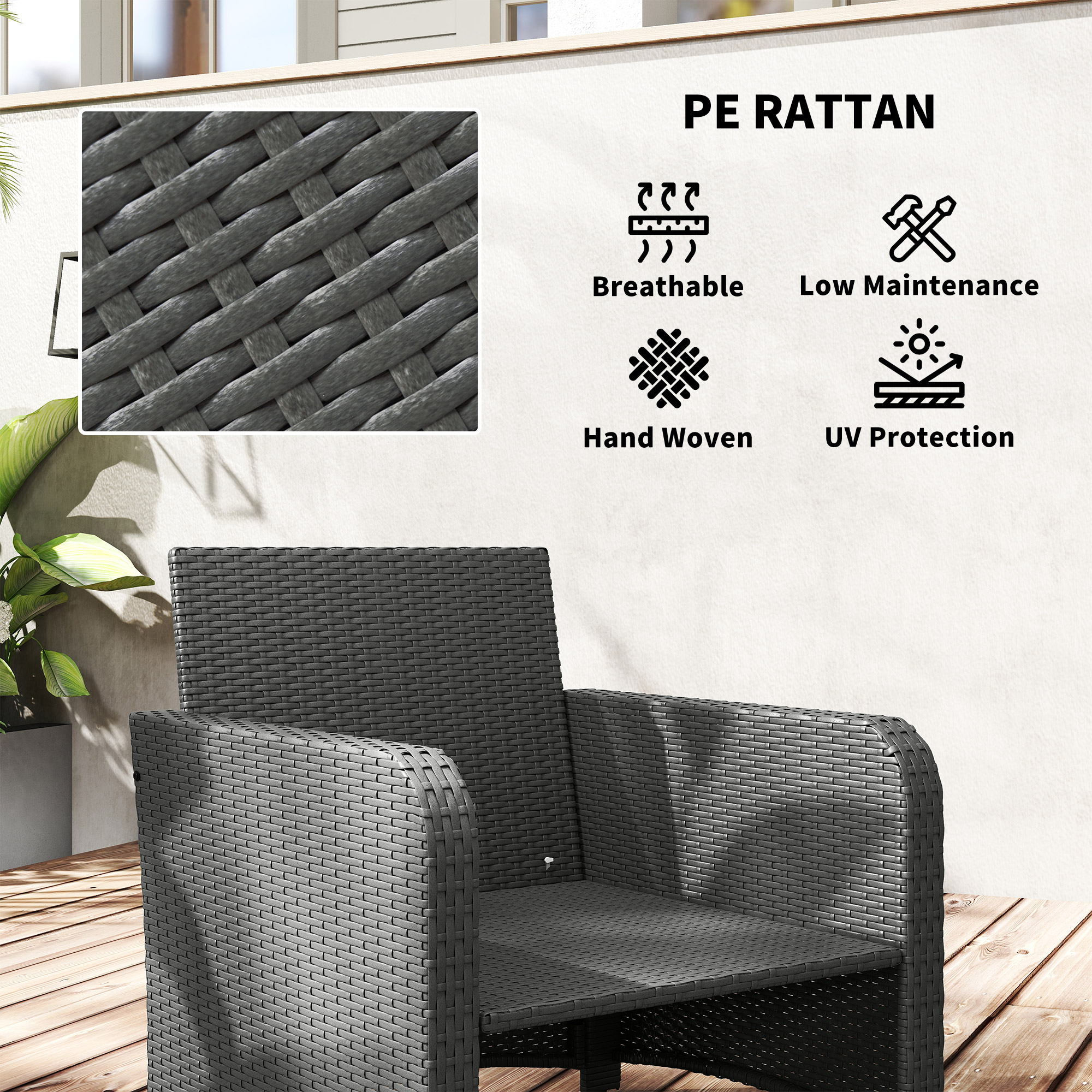 Outsunny Five Piece Rattan Garden Furniture Set with 2-Tier Coffee Table and Ottomans Cream White 6