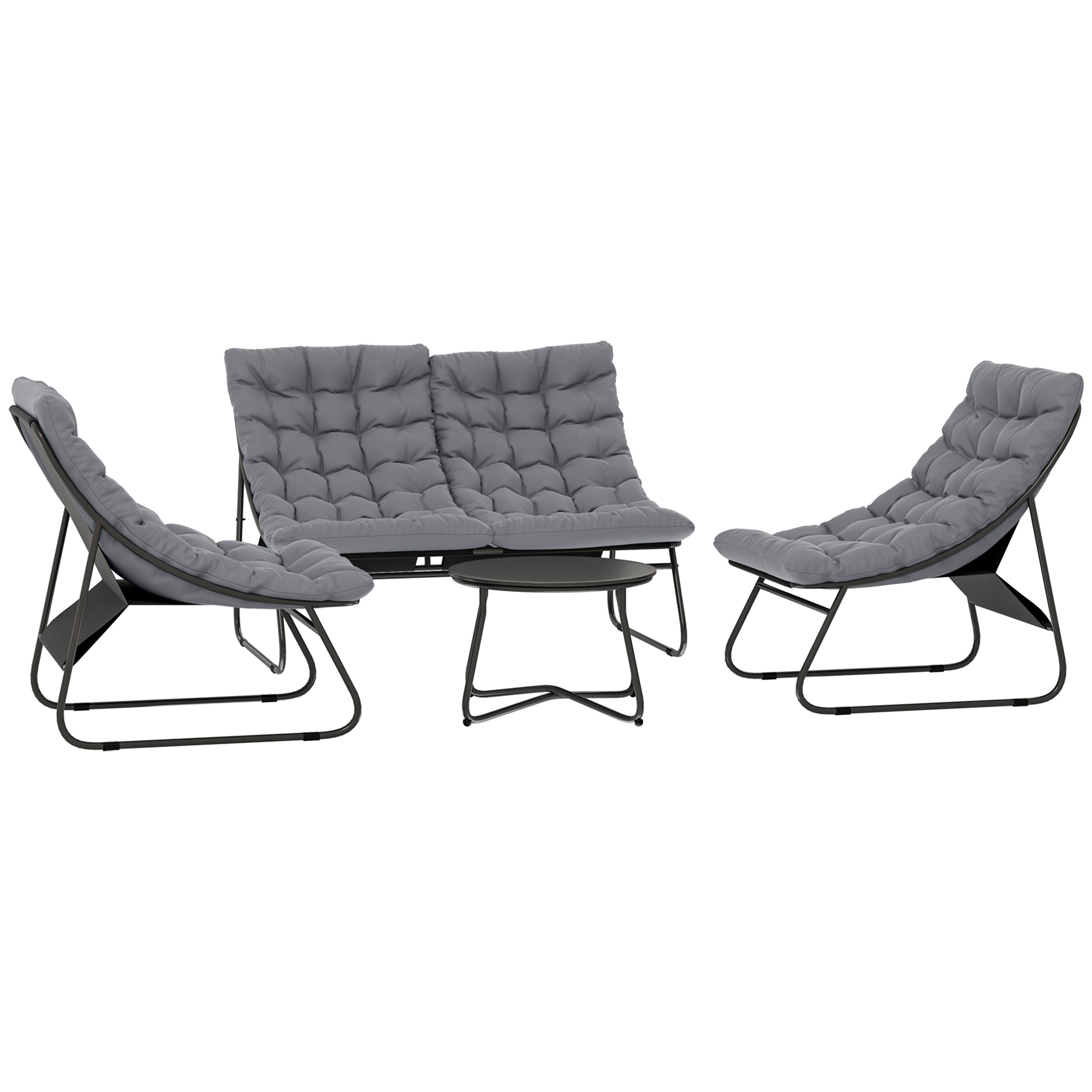 Outsunny 4-persoons tuinmeubelset, 2 stoelen, 1 dubbelsofa, 1 tafel met glasplaat, dikke kussens, stalen frame, voor terras, Grijs
