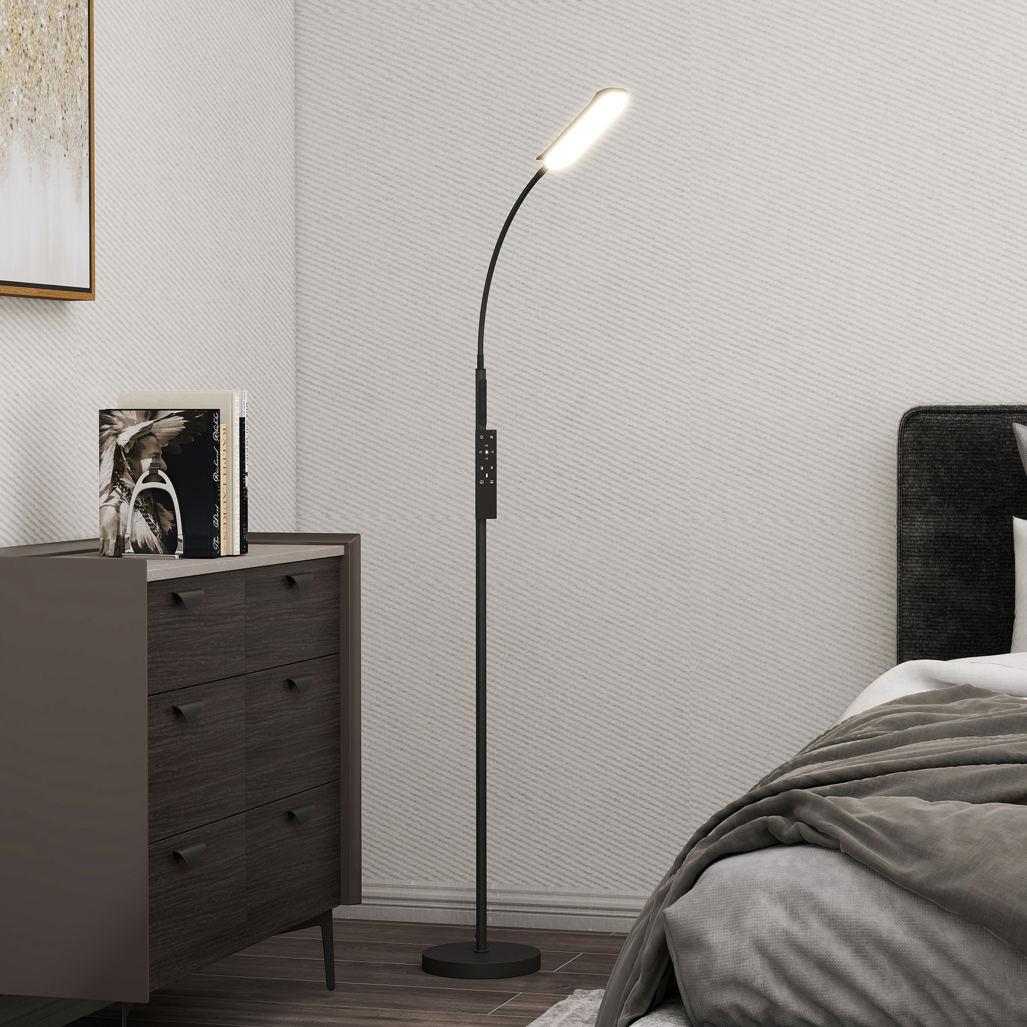 HOMCOM LED Floor Lamp, Standing Lamp with Remote & Touch Control, Stepless Dimmable Colours Temperature & Brightness, 360° Adjustable Gooseneck, 1 Hour Timer, Memory Function for Living Room, Black 2