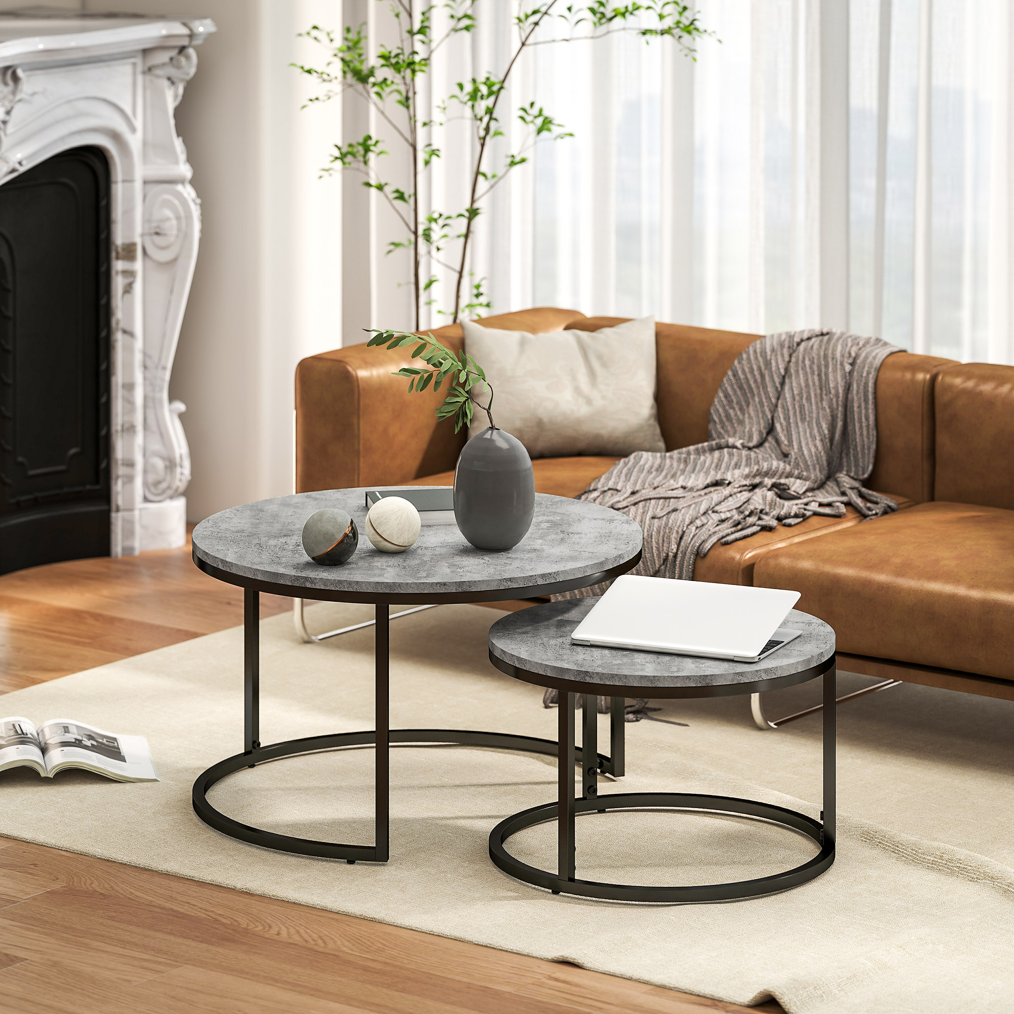 HOMCOM Set of Two Marble-Effect Stacking Tables Grey/Black 2