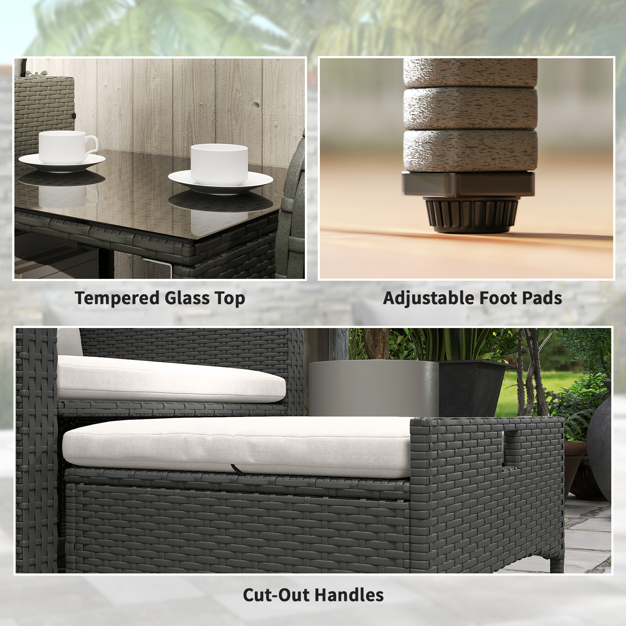 Outsunny Five Piece Rattan Garden Furniture Set with 2-Tier Coffee Table and Ottomans Cream White 9