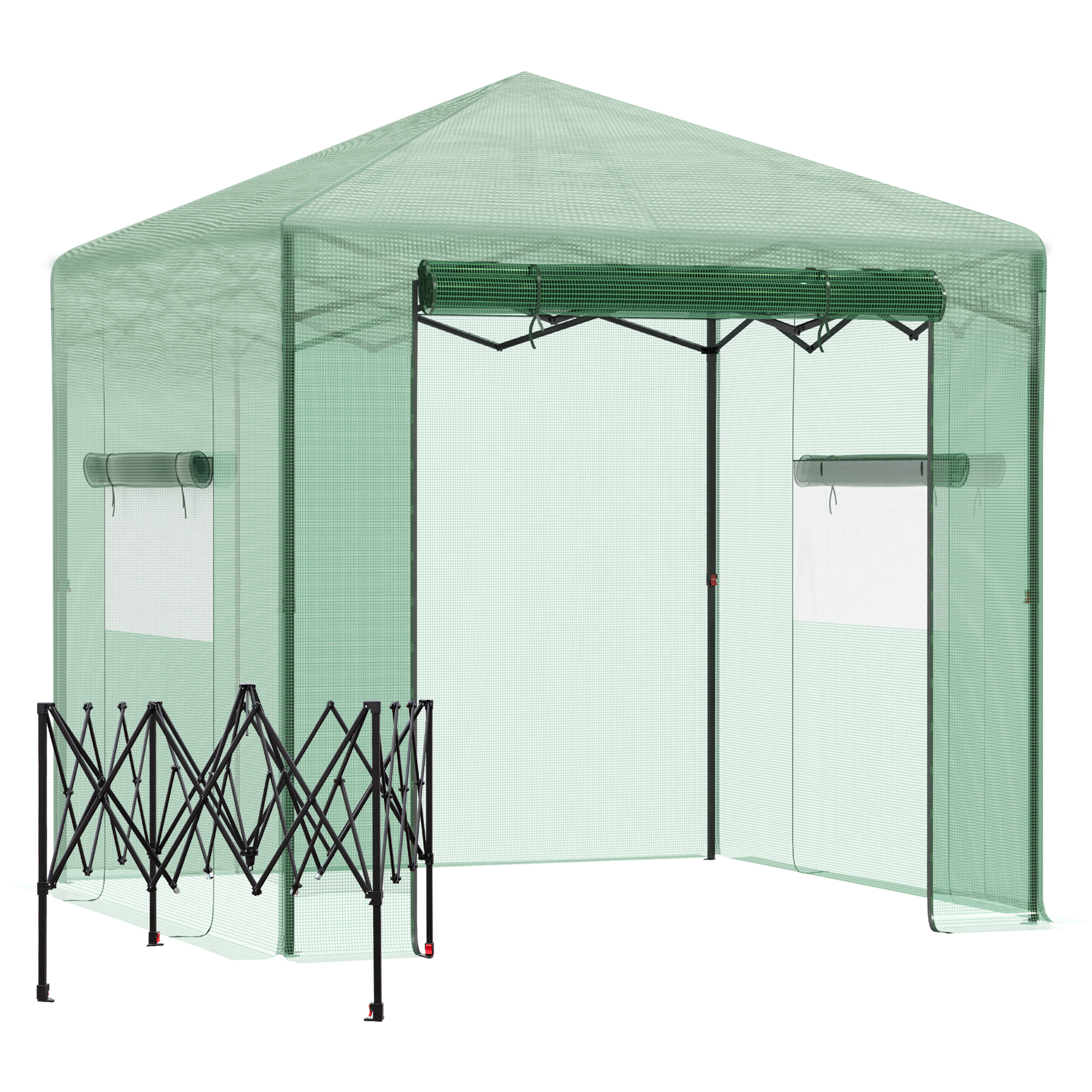 Outsunny Serre Pop-up - Serre de Jardin Pop-up - Porte + 2 fenêtres zippées enroulables - dim. 2,4L x 1,8l x 2,4H cm - Sac Transport Inclus - PE Vert