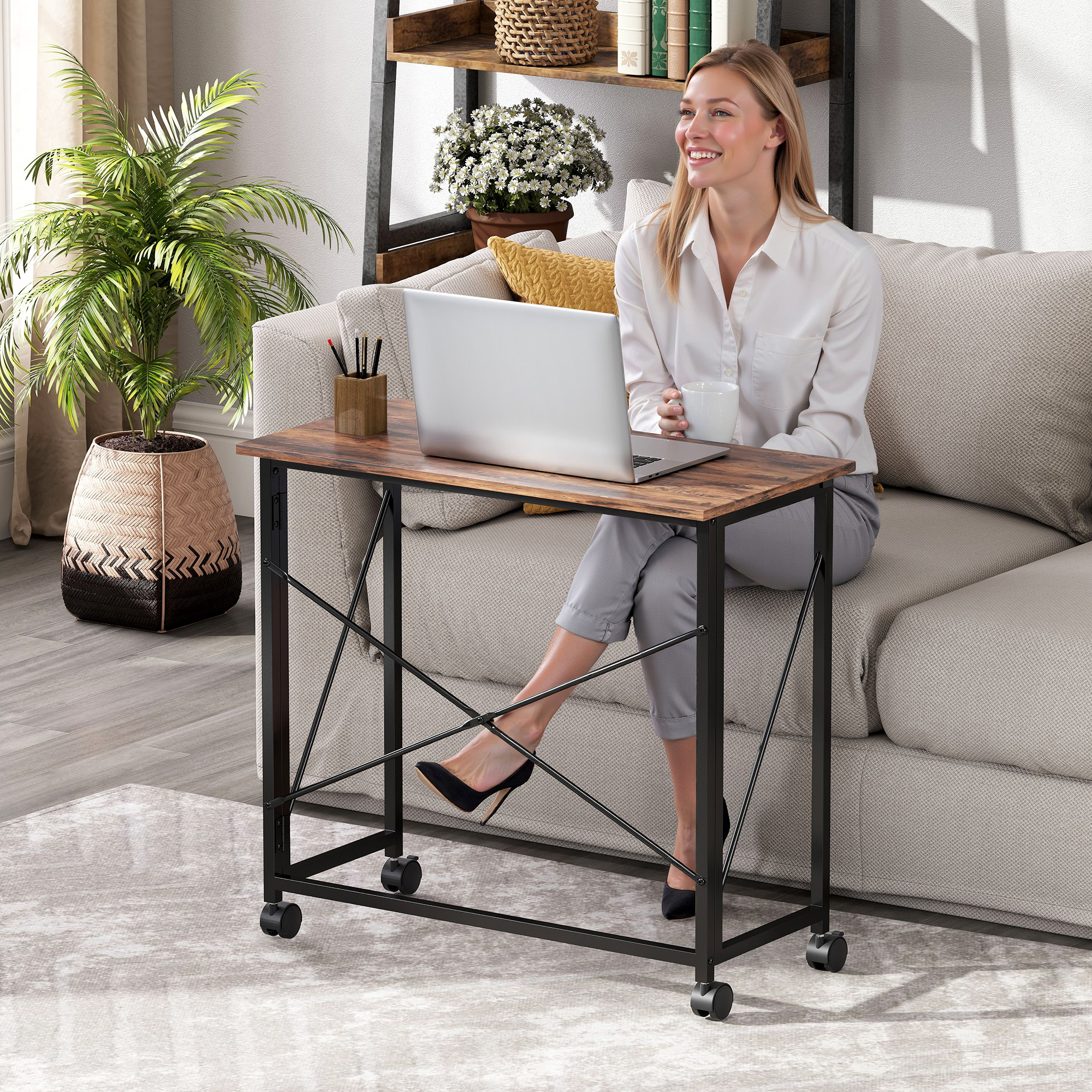 HOMCOM 80 cm Folding Desk on Wheels Rustic Brown 9
