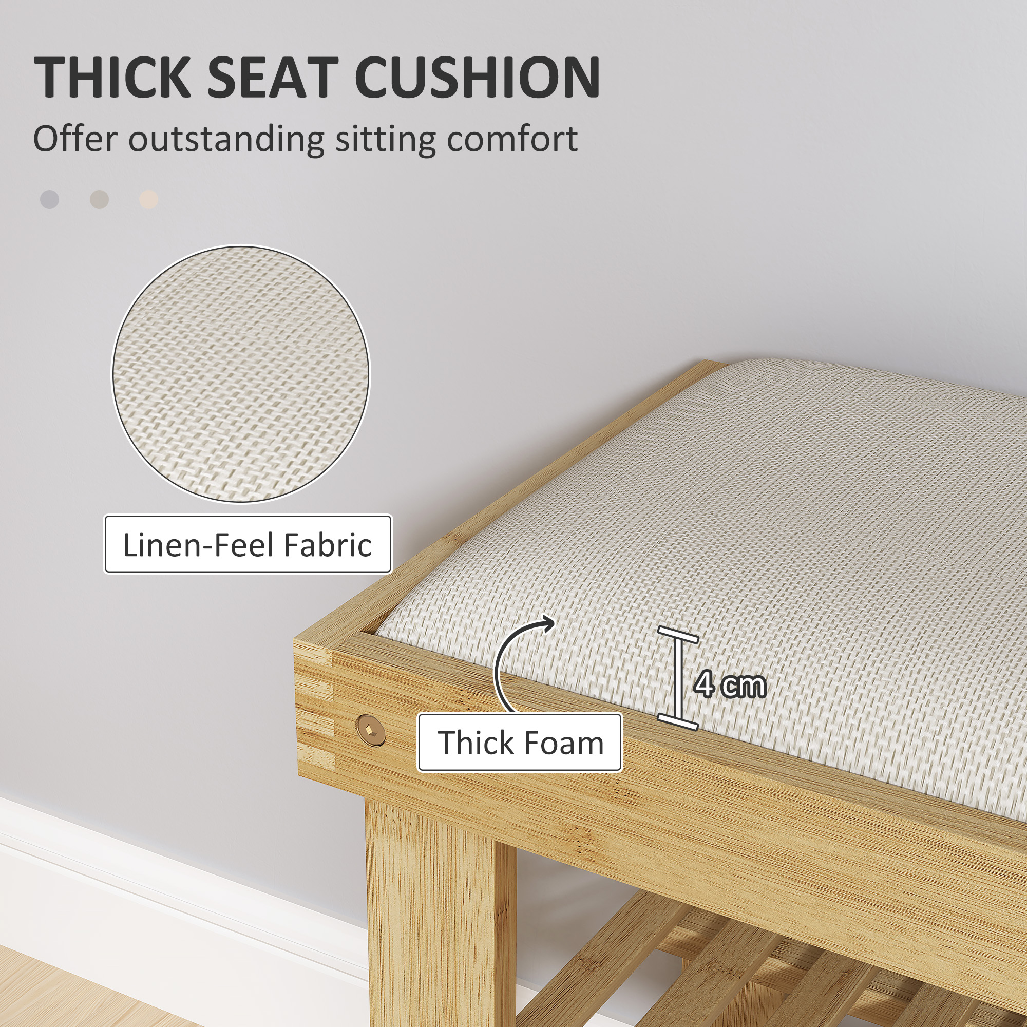 HOMCOM Bamboo Shoe Storage Bench, 3-Tier Shoe Bench with Seat Cushion, Shoe Rack for Entryway, Hallway, Living Room, Bedroom, Cream White 4