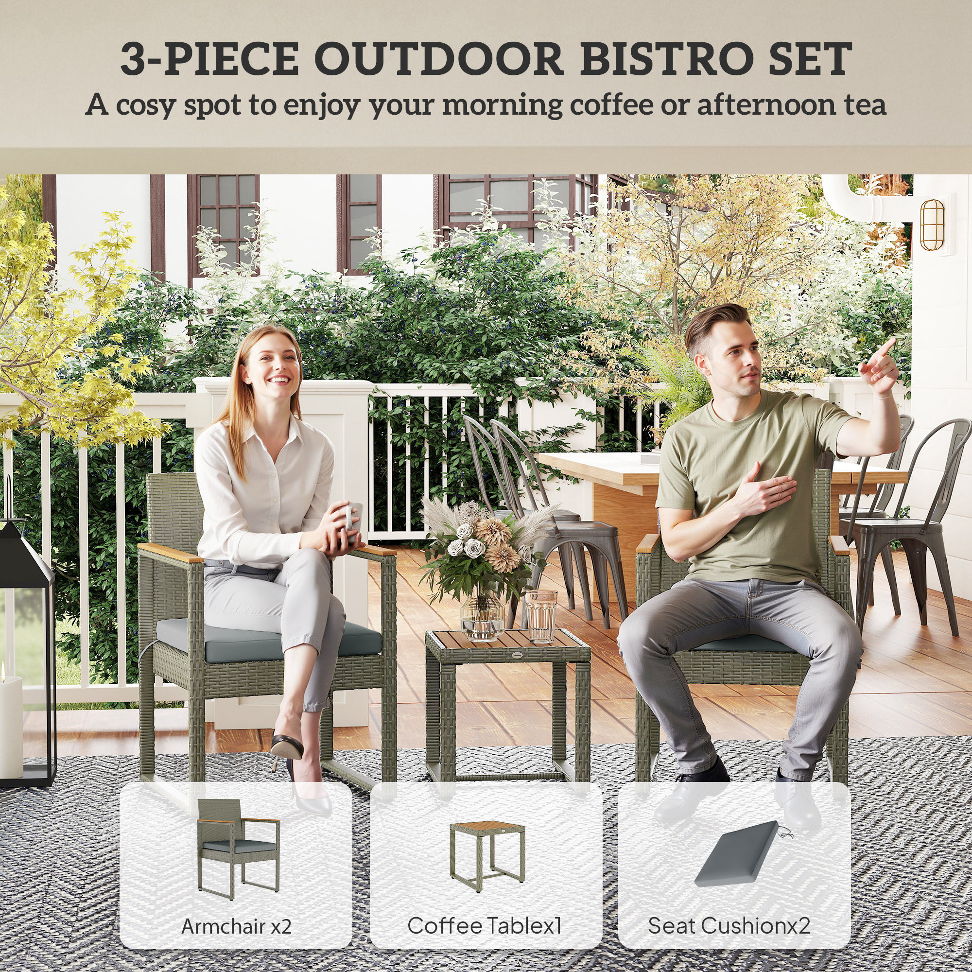 Outsunny Three-Piece Rattan Chair Set Grey 4