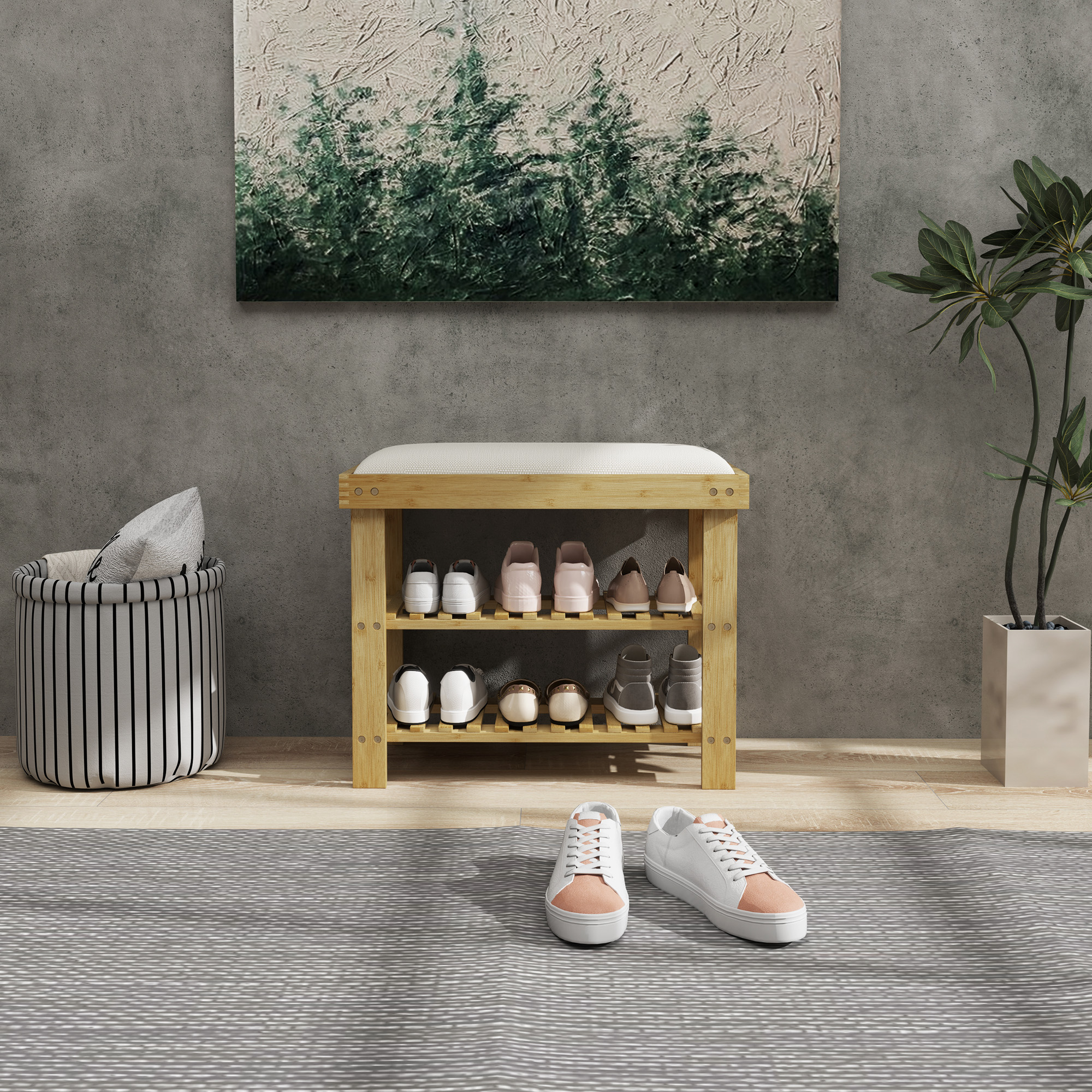 HOMCOM Bamboo Shoe Storage Bench, 3-Tier Shoe Bench with Seat Cushion, Shoe Rack for Entryway, Hallway, Living Room, Bedroom, Cream White 8