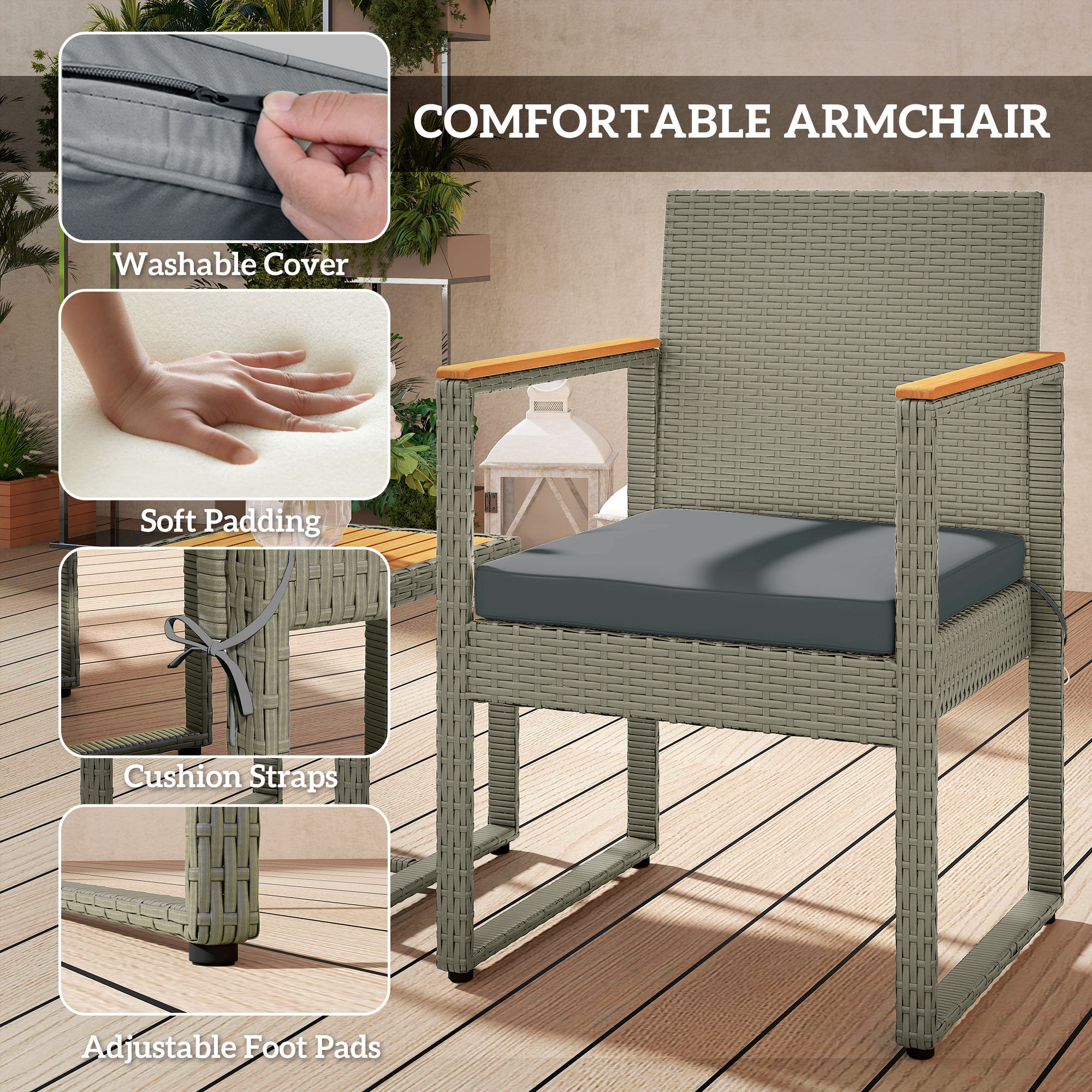 Outsunny Three-Piece Rattan Chair Set Grey 7