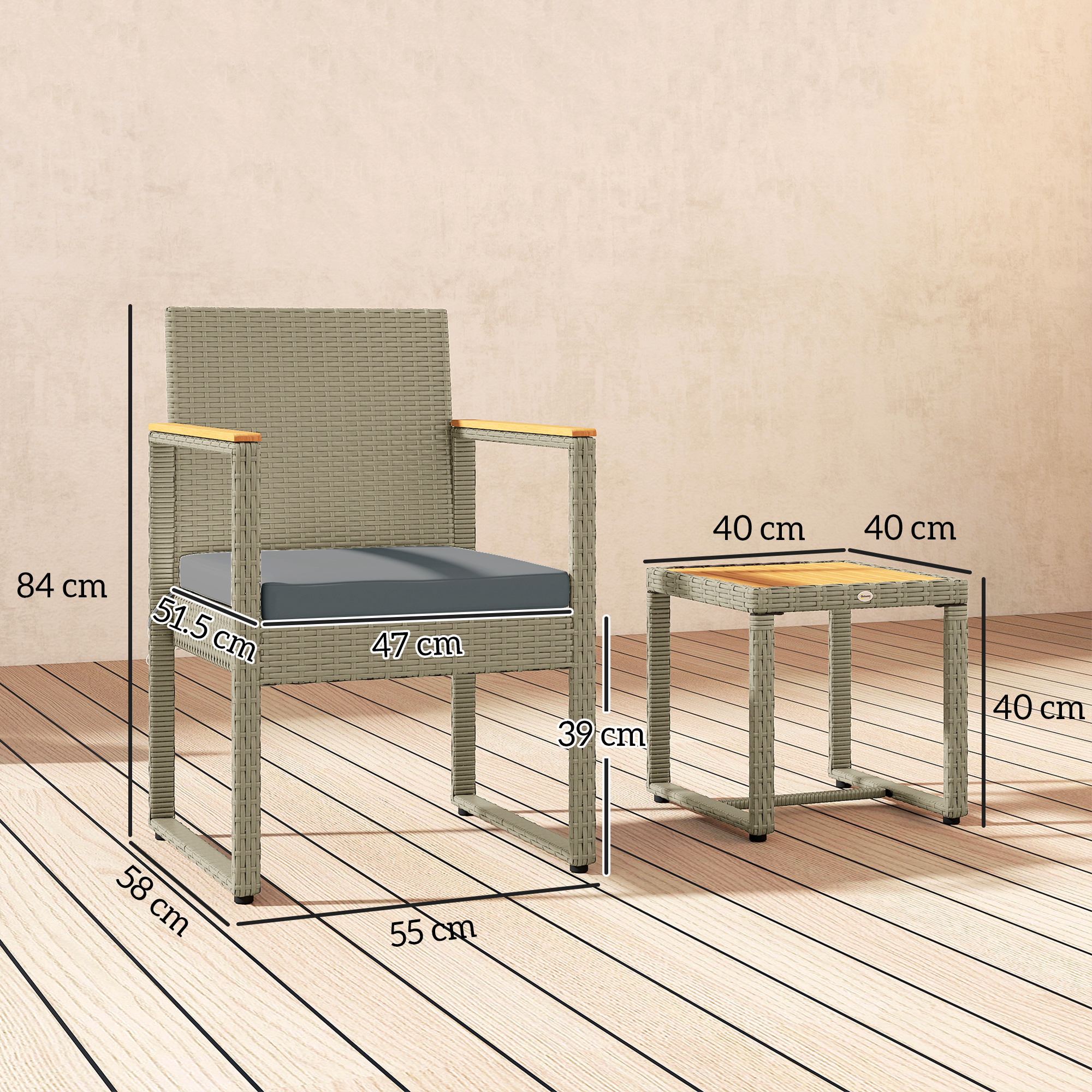 Outsunny Three-Piece Rattan Chair Set Grey 3