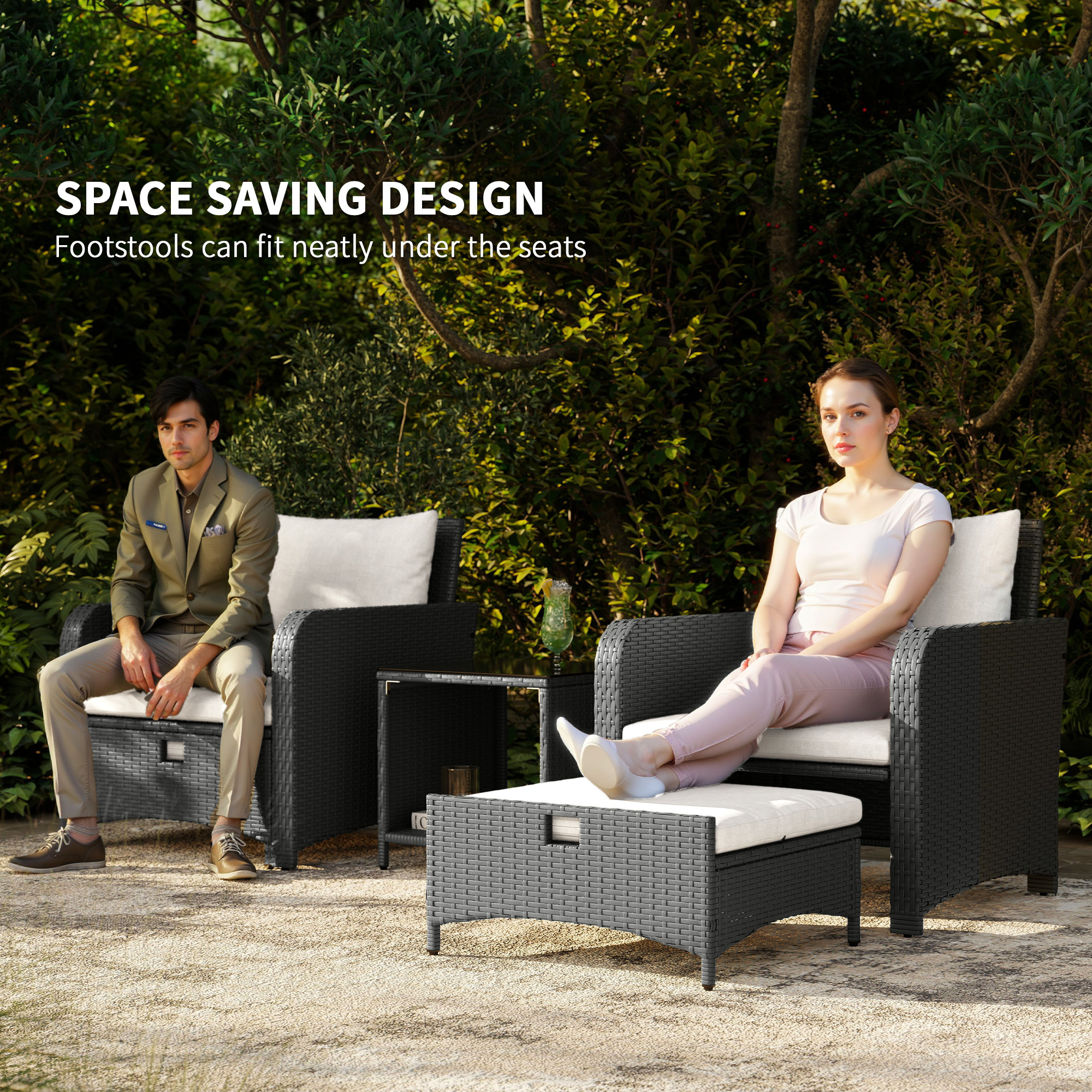 Outsunny Five Piece Rattan Garden Furniture Set with 2-Tier Coffee Table and Ottomans Cream White 4