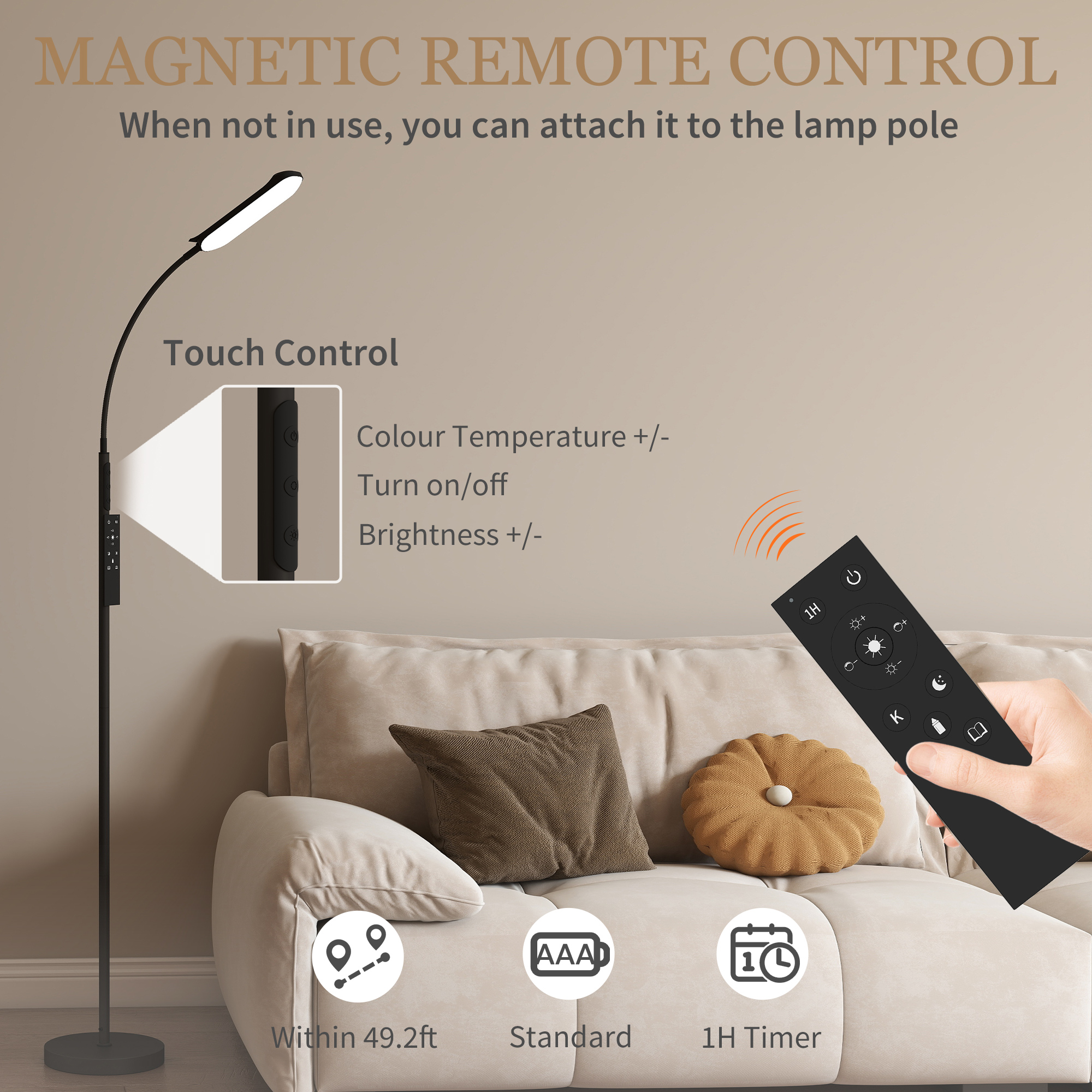 HOMCOM LED Floor Lamp, Standing Lamp with Remote & Touch Control, Stepless Dimmable Colours Temperature & Brightness, 360° Adjustable Gooseneck, 1 Hour Timer, Memory Function for Living Room, Black 7