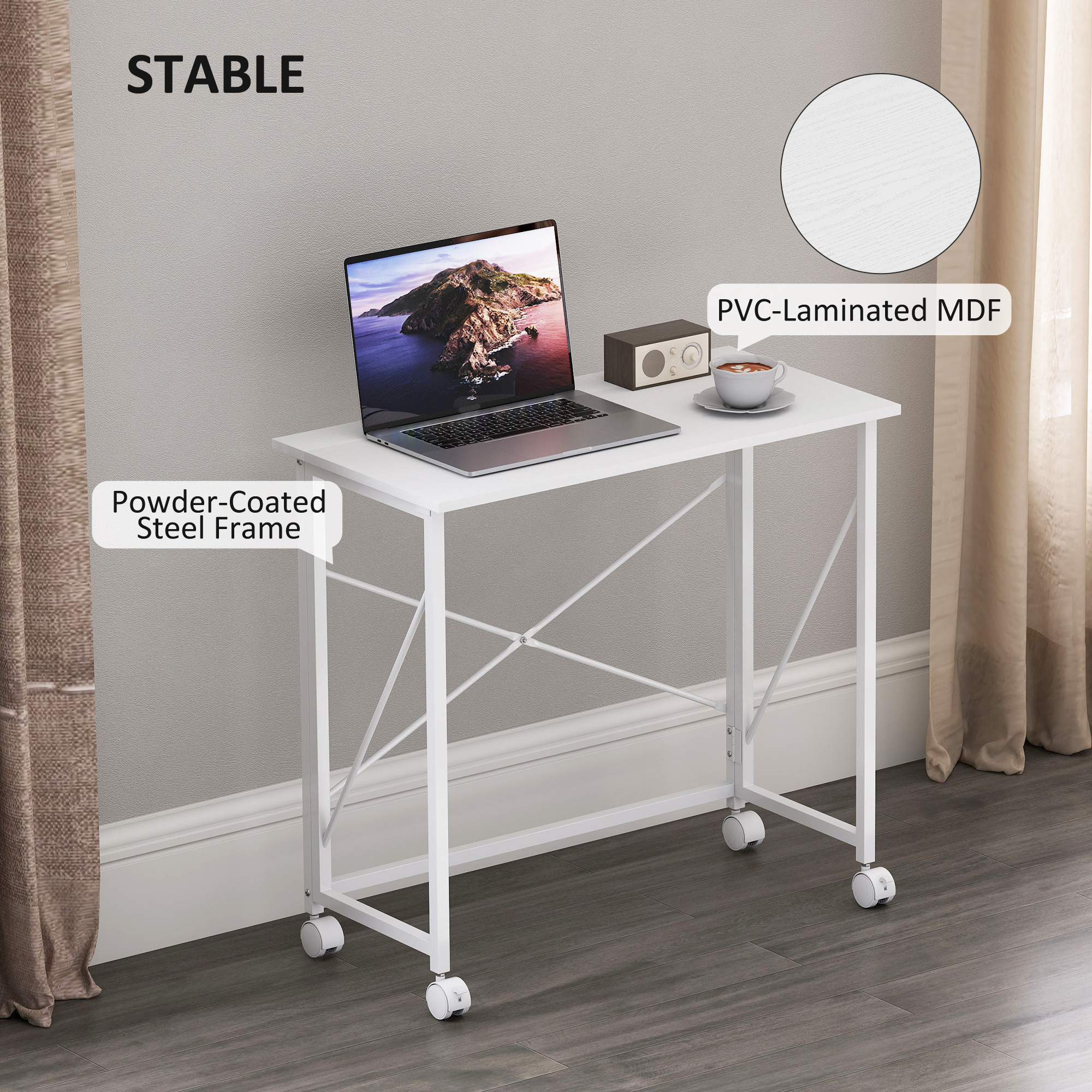 HOMCOM 80 cm Folding Desk on Wheels White 6