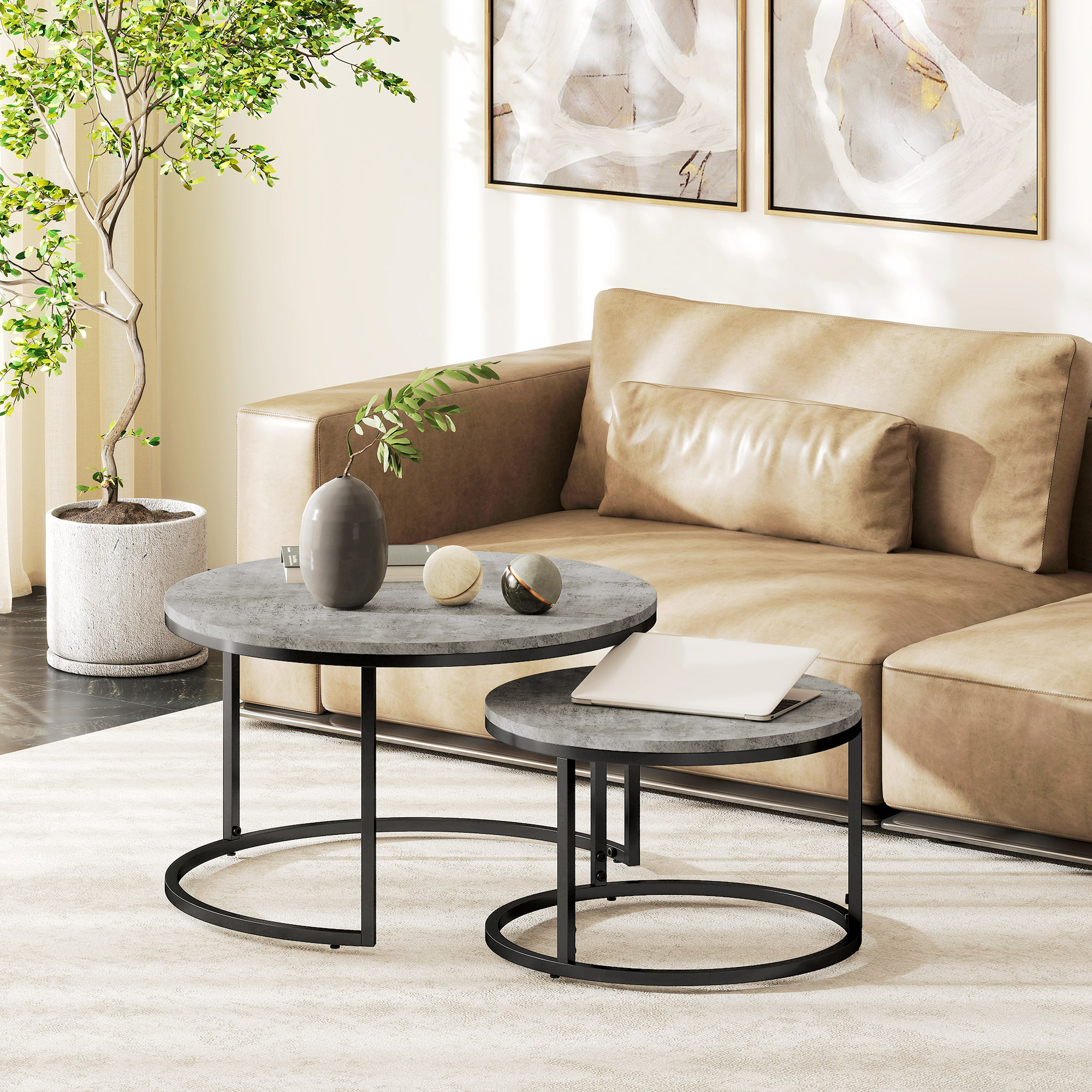 HOMCOM Set of Two Marble-Effect Stacking Tables Grey/Black 8
