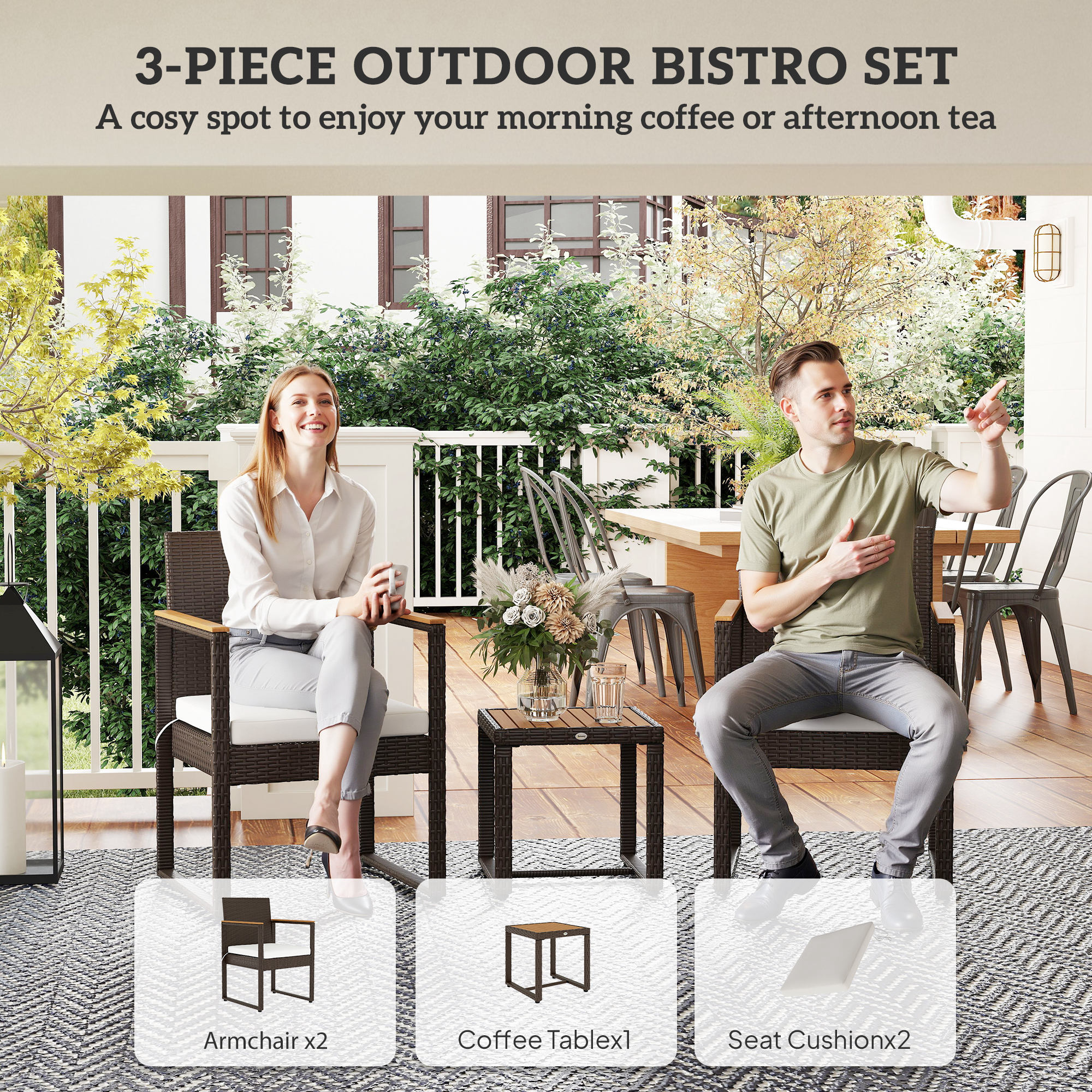 Outsunny Three-Piece Rattan Chair Set White 4