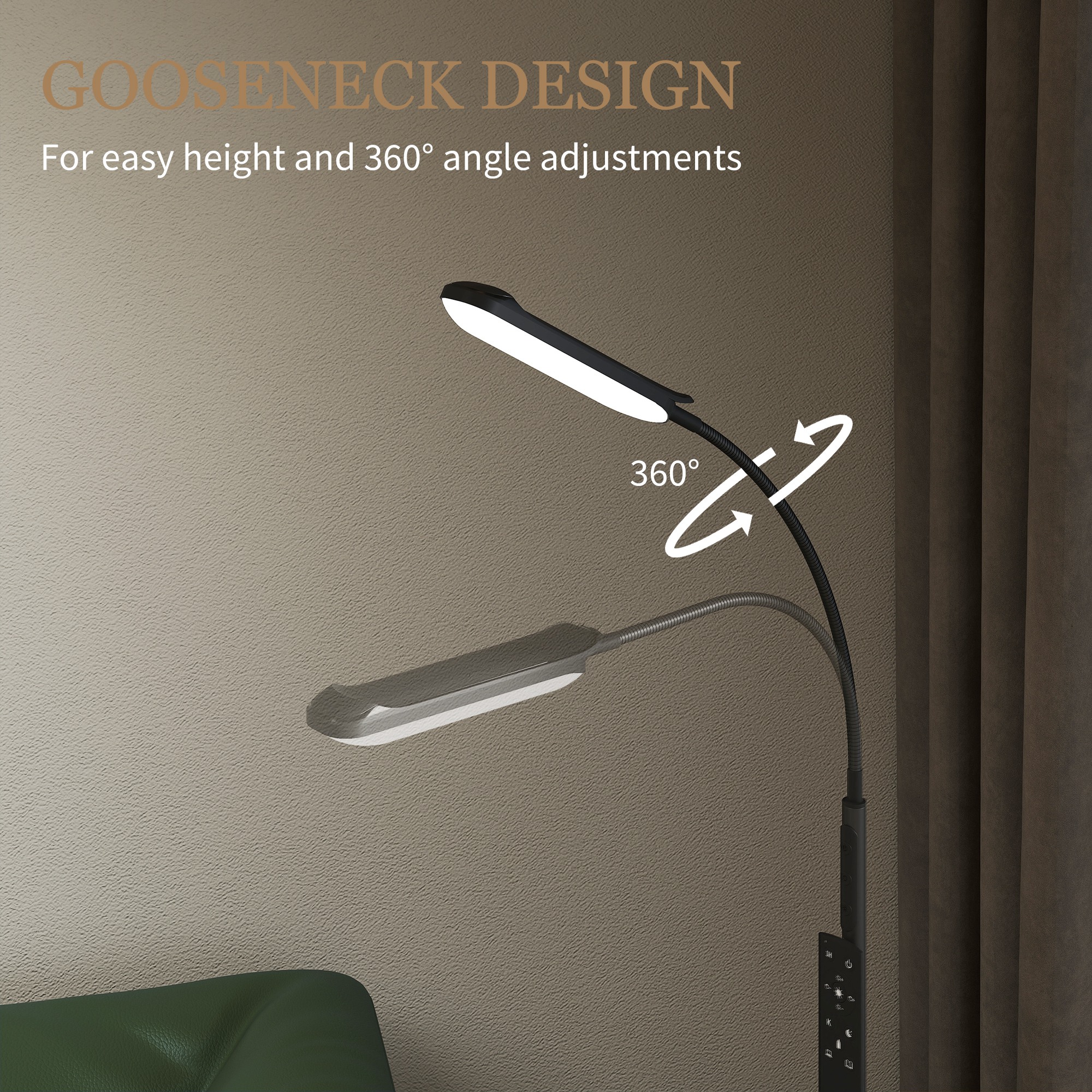 HOMCOM LED Floor Lamp, Standing Lamp with Remote & Touch Control, Stepless Dimmable Colours Temperature & Brightness, 360° Adjustable Gooseneck, 1 Hour Timer, Memory Function for Living Room, Black 8