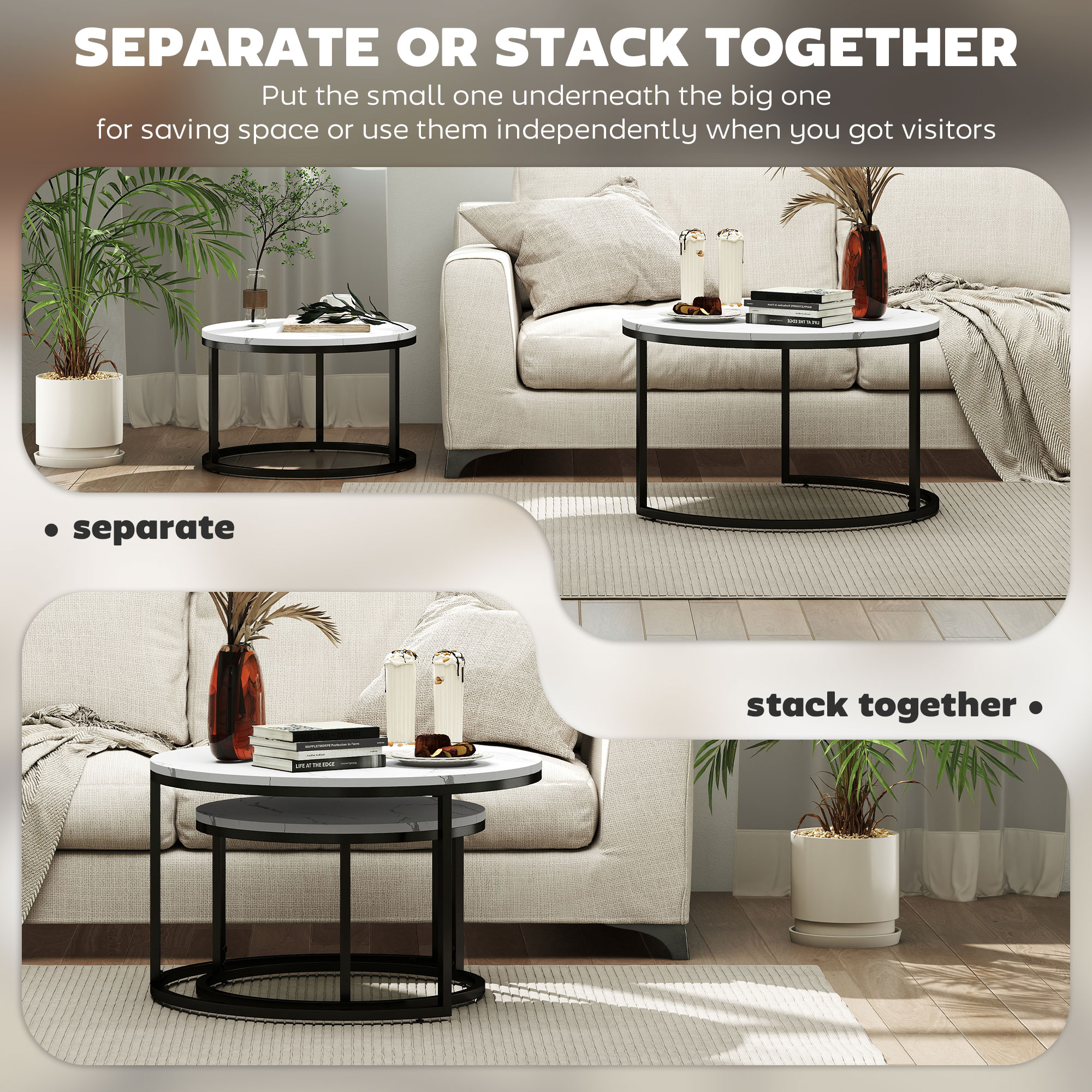 HOMCOM Set of Two Marble-Effect Stacking Tables Black/White 5