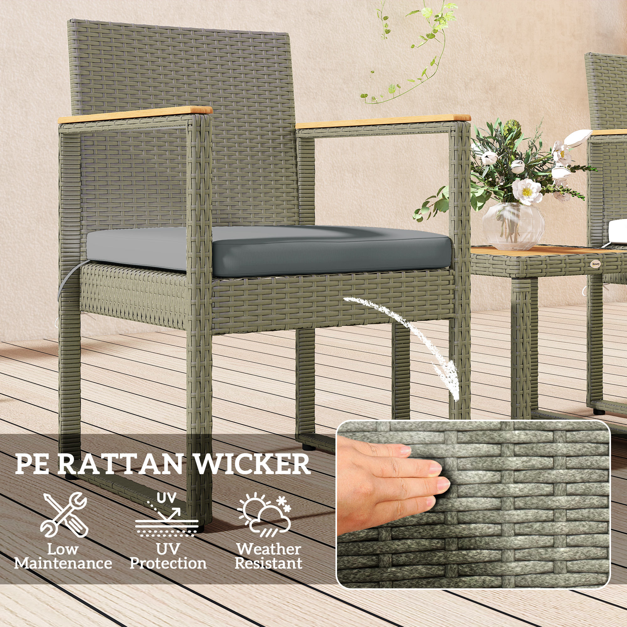Outsunny Three-Piece Rattan Chair Set Grey 5