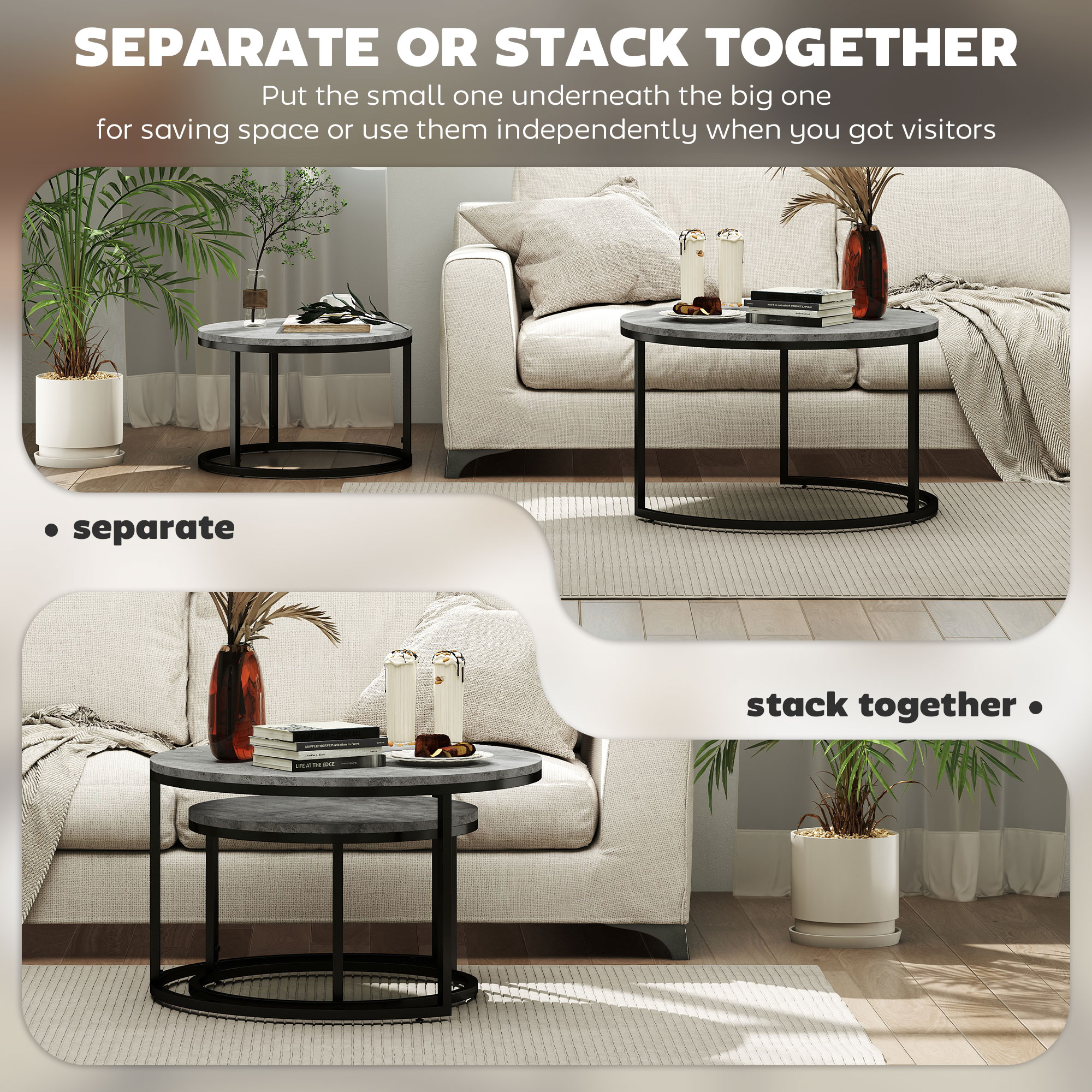 HOMCOM Set of Two Marble-Effect Stacking Tables Grey/Black 5