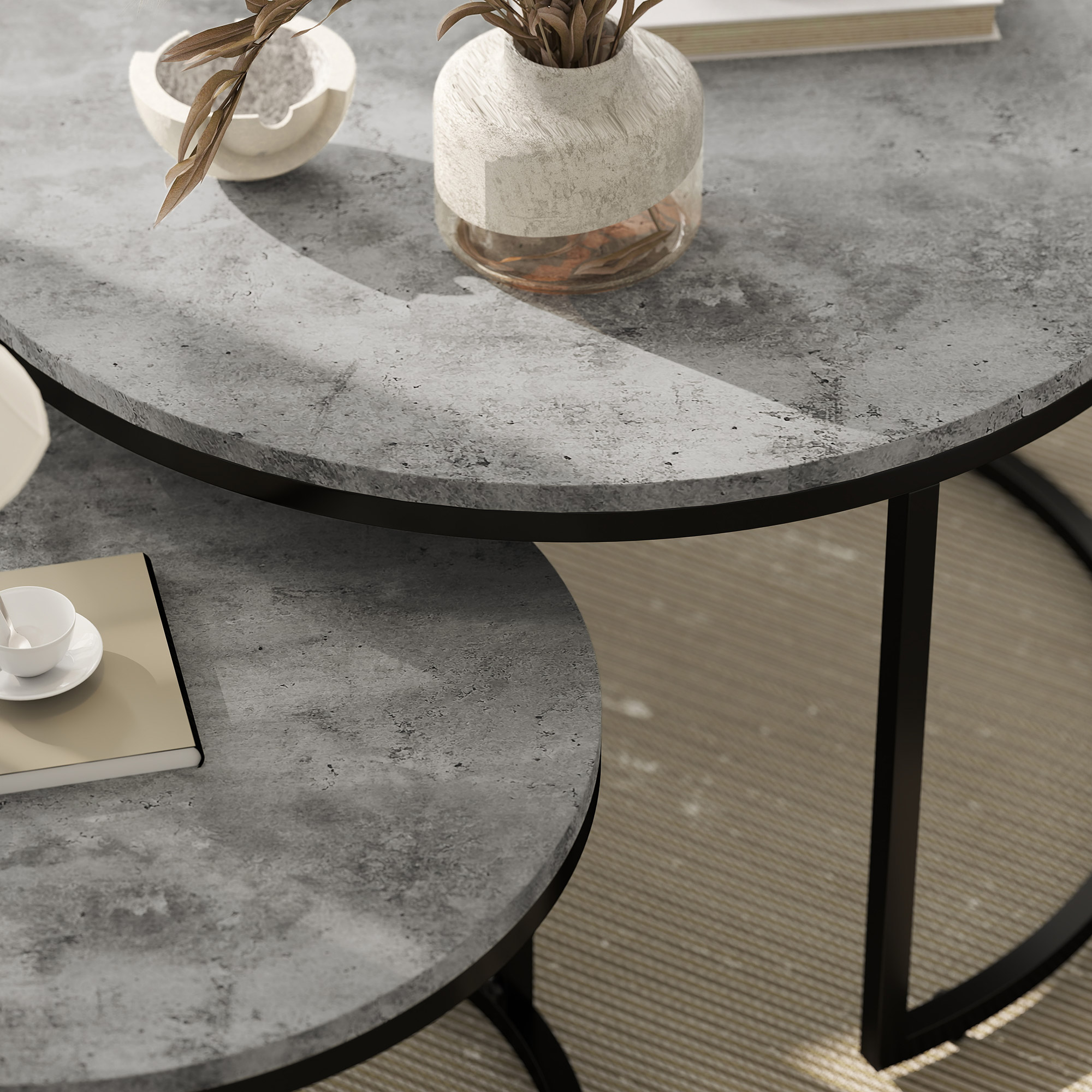 HOMCOM Set of Two Marble-Effect Stacking Tables Grey/Black 9
