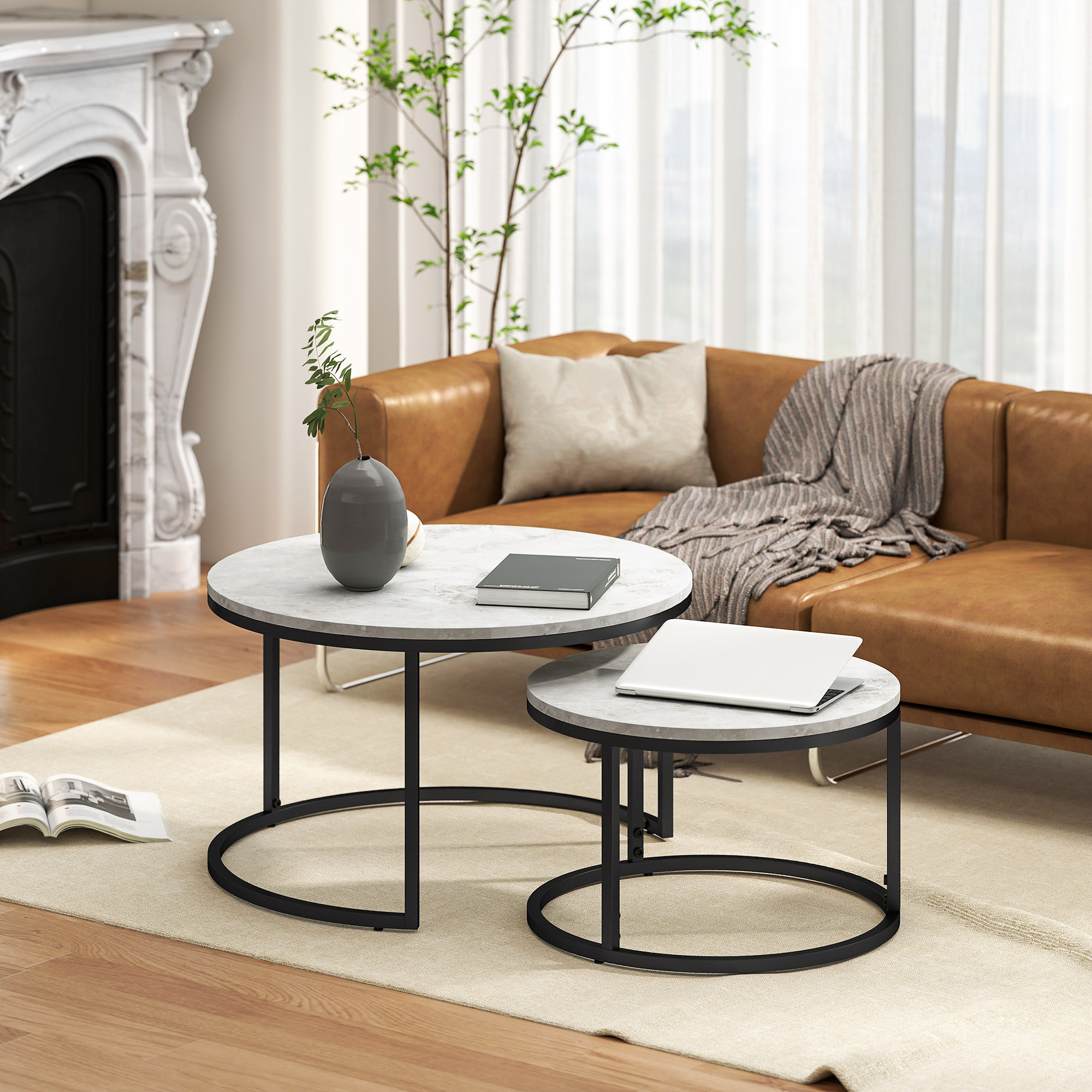 Lot De 2 Tables Basses Gigognes HOMCOM - Design Scandinave - Pieds Bois & Plateau Blanc - Modulables