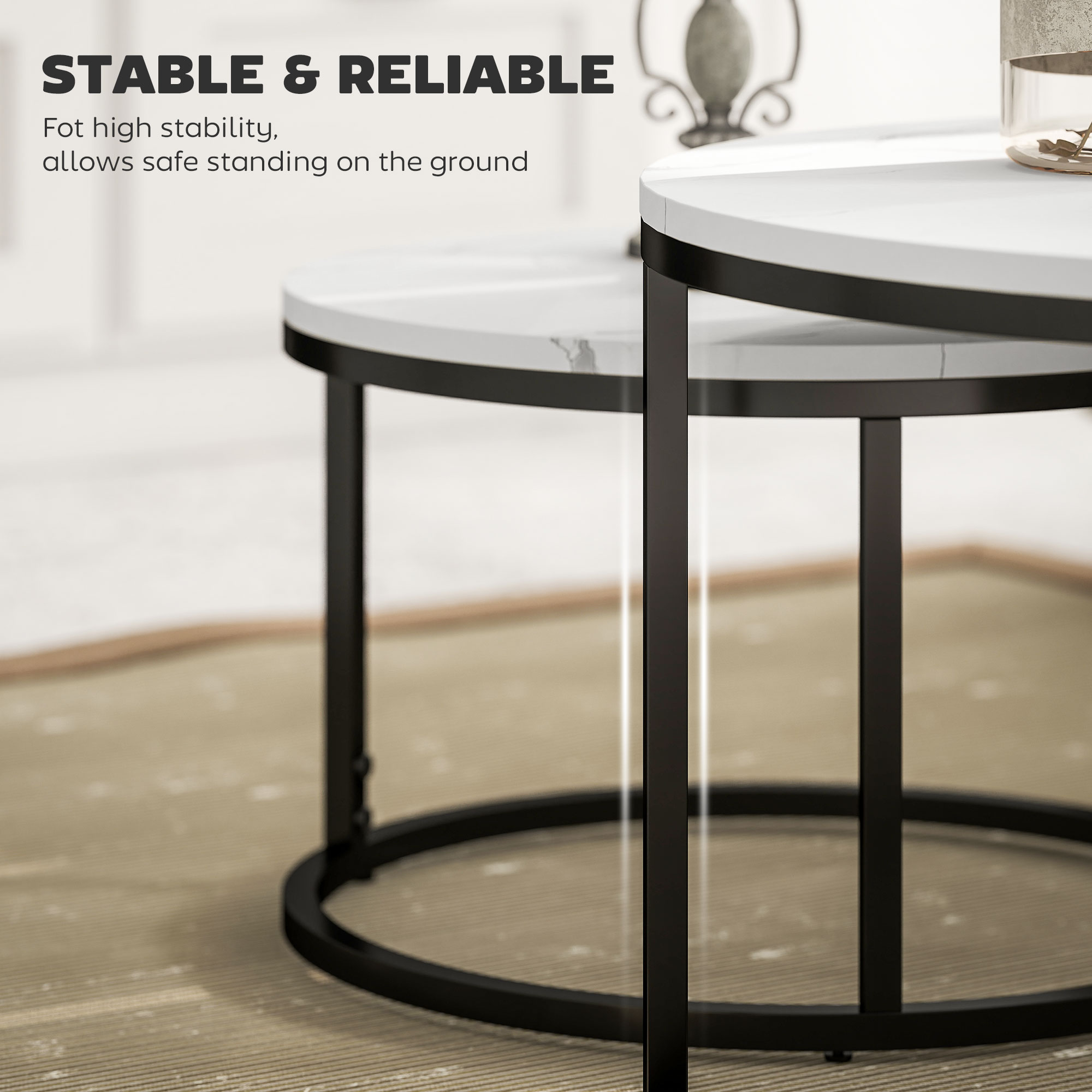 HOMCOM Set of Two Marble-Effect Stacking Tables Black/White 6
