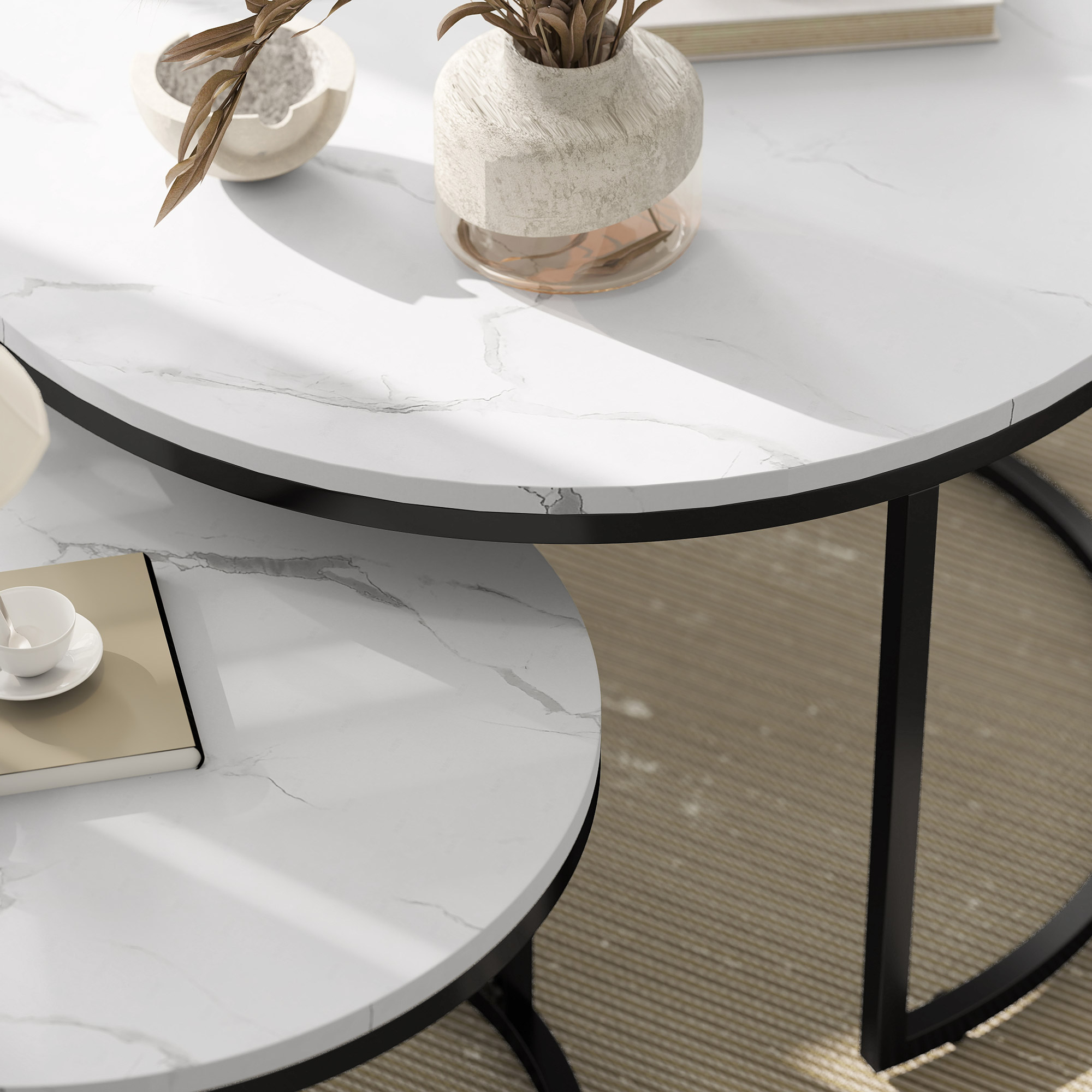 HOMCOM Set of Two Marble-Effect Stacking Tables Black/White 9