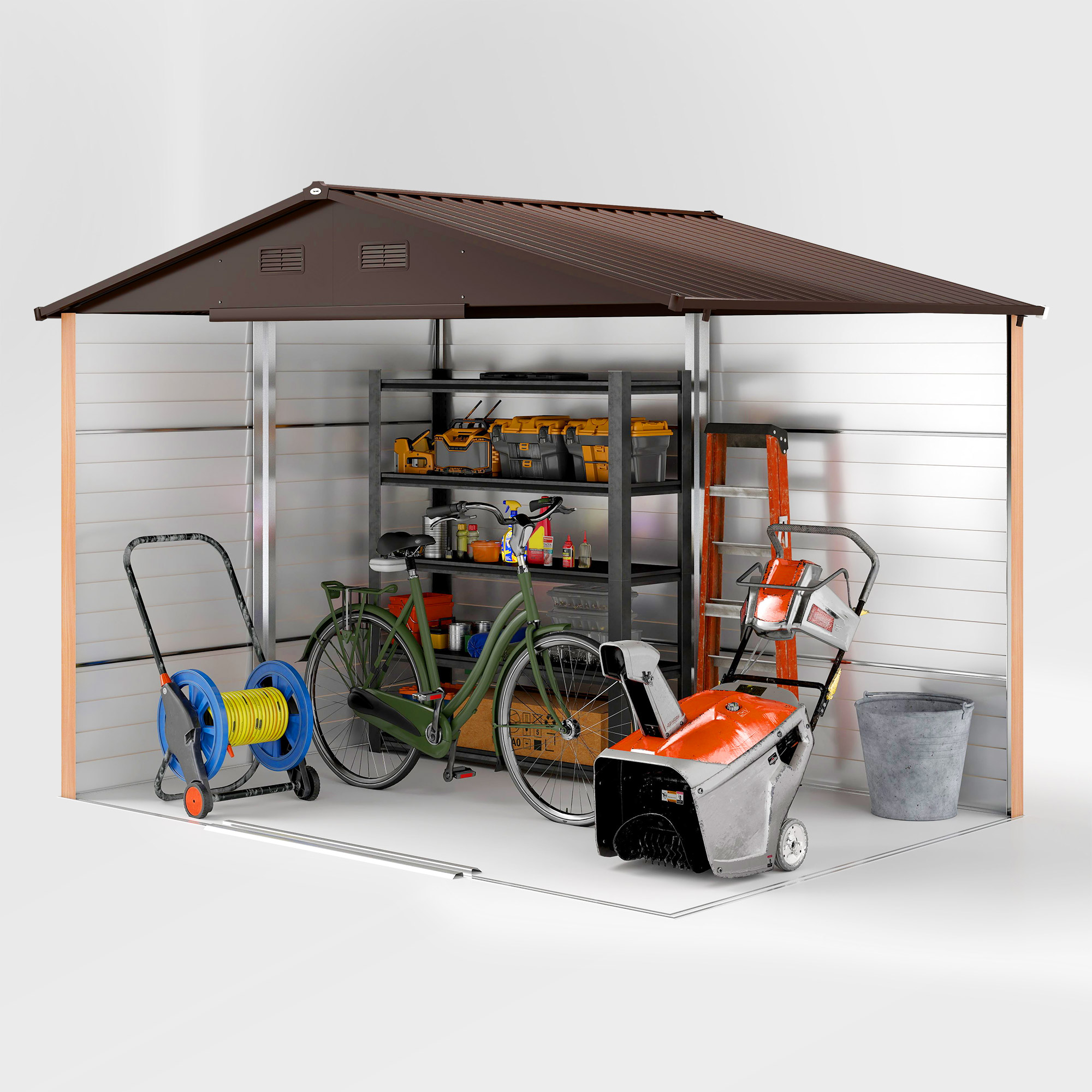 Outsunny 9 x 6ft Galvanised Steel Shed Brown Wood-Effect 9