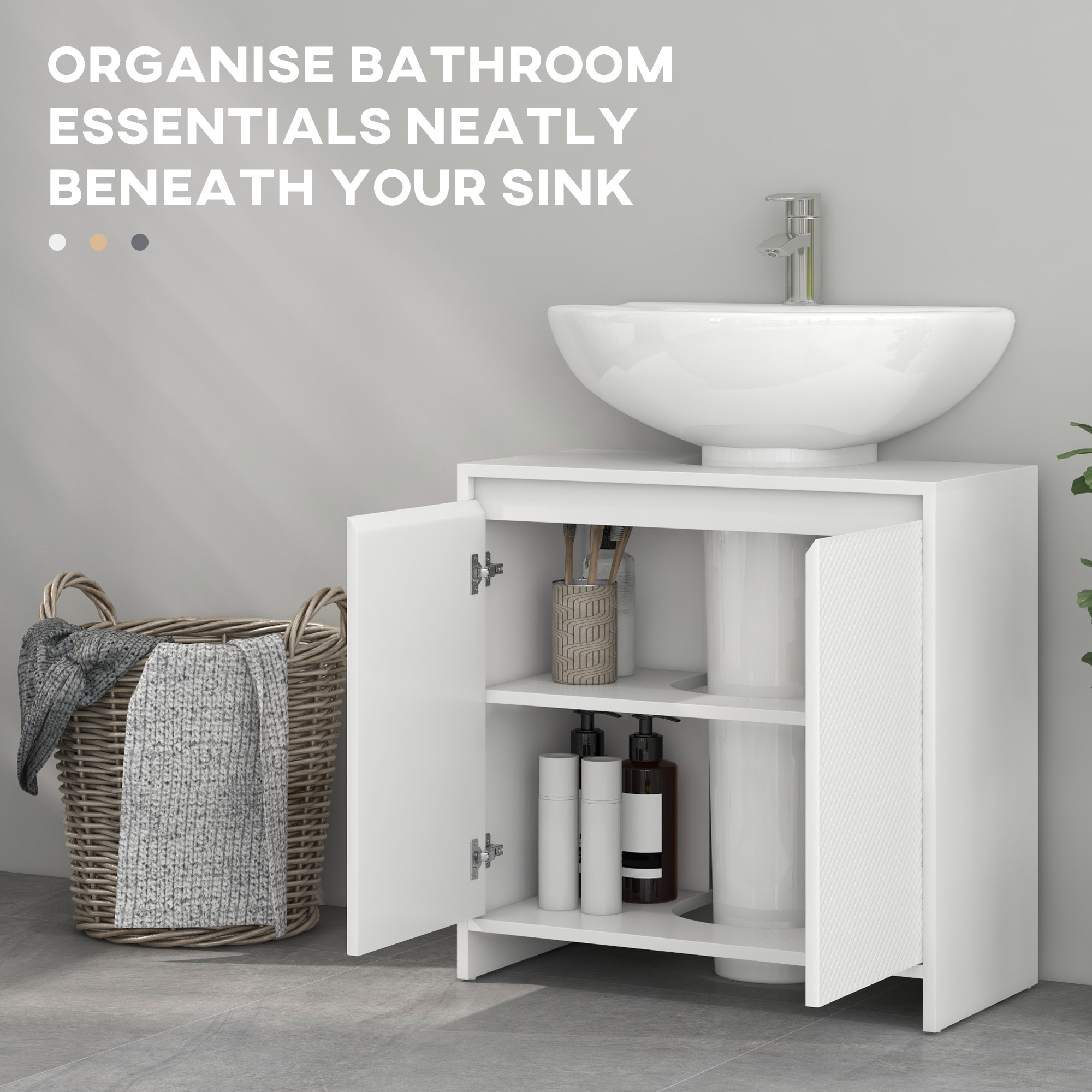 HOMCOM Under Sink Bathroom Cabinet, Freestanding Under Sink Cabinet with 2 Doors and Shelf for Basin without or with Pedestal, White 5