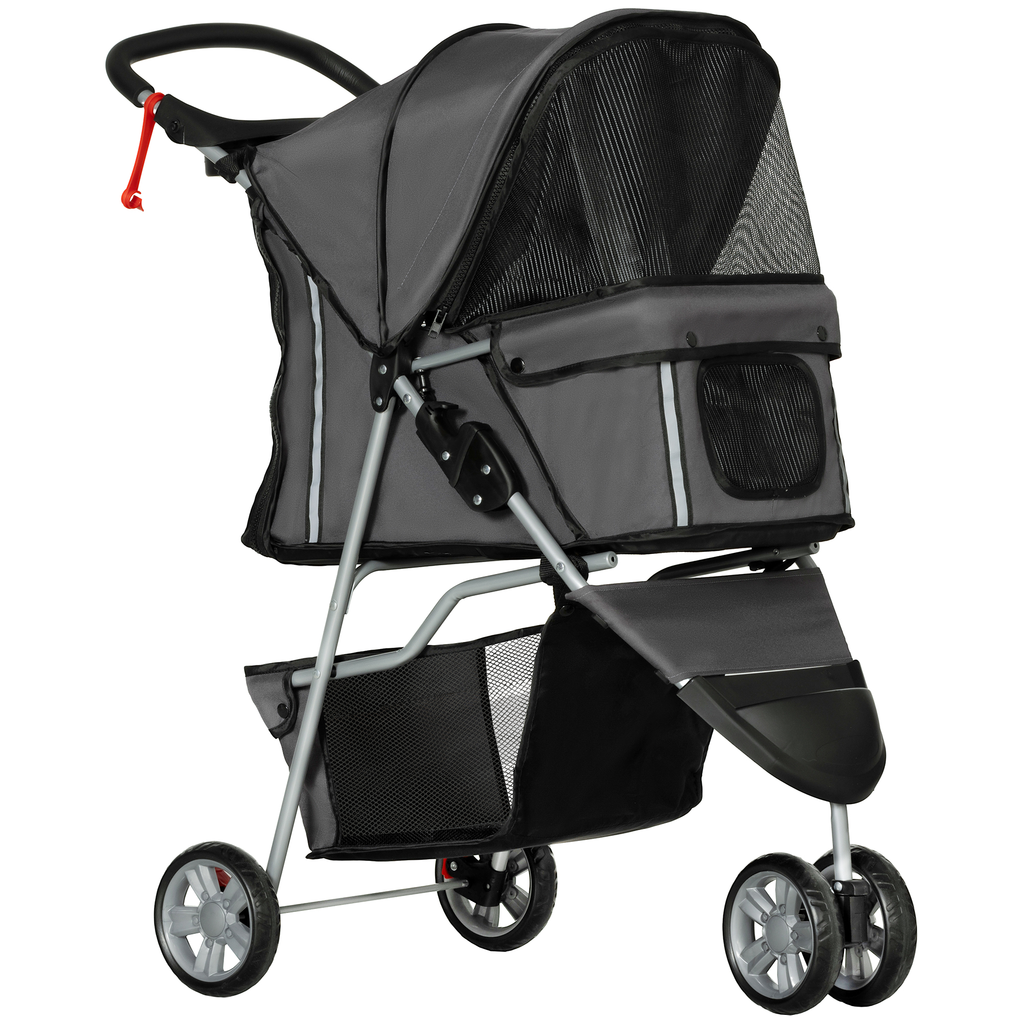 PawHut Carrito para Perros Pequeños con Cesta de Almacenaje Ventanas de Malla y Cinturón de Seguridad 75x45x97 cm Gris Oscuro
