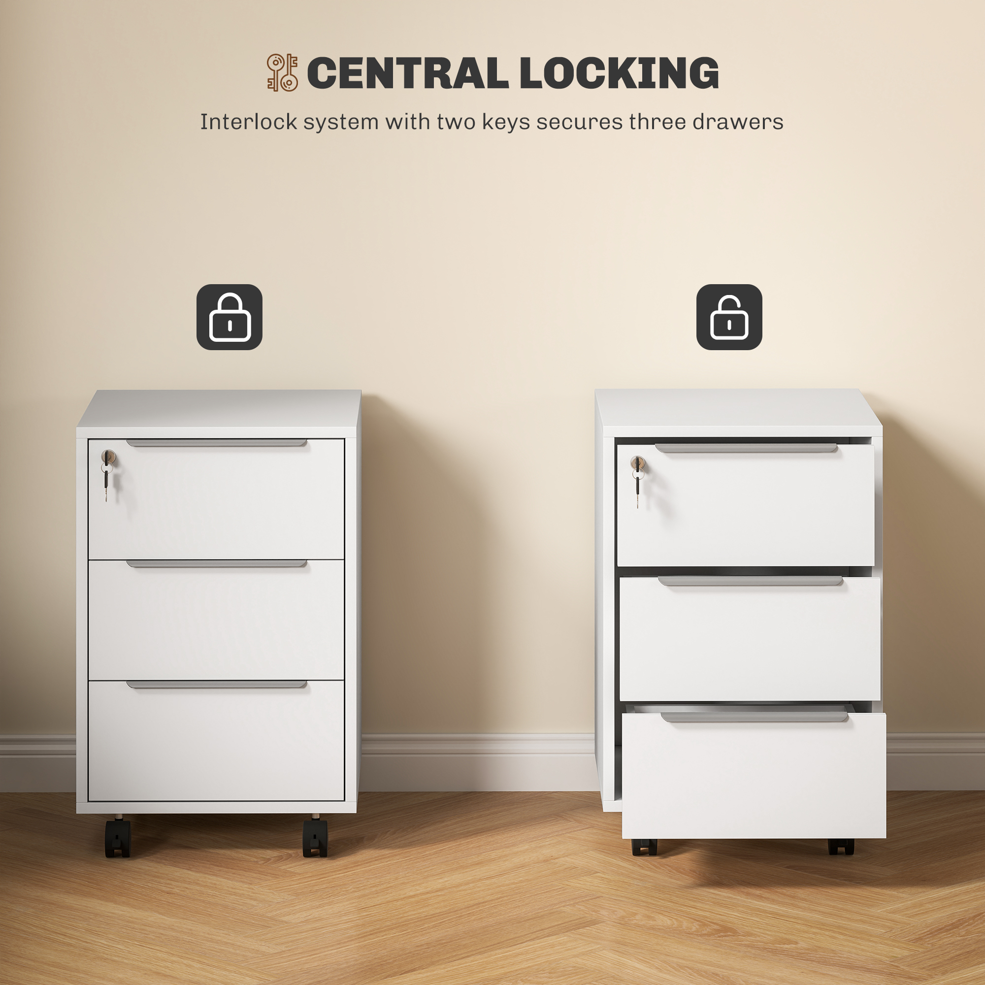 HOMCOM Three-Drawer Locking Filing Cabinet White 7