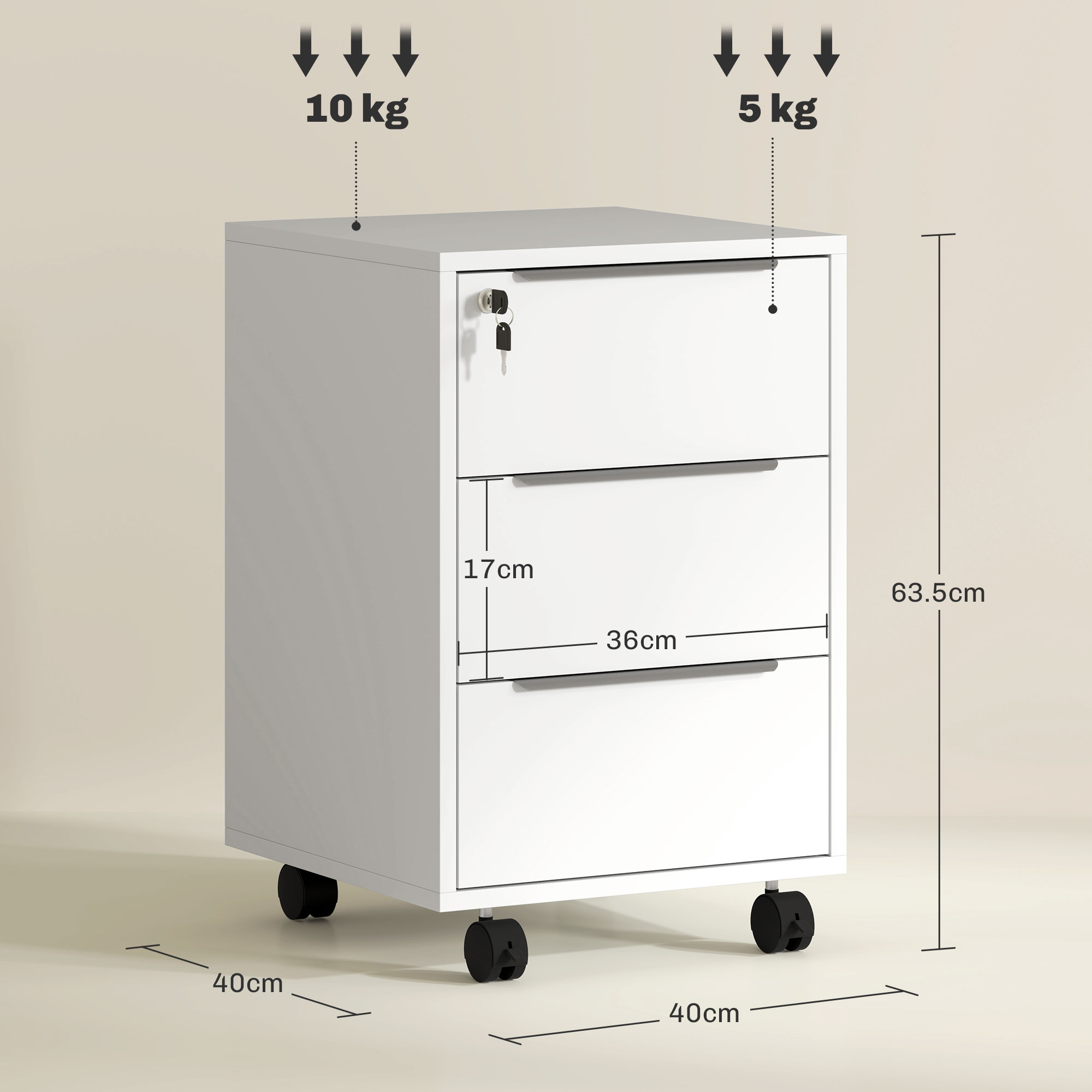 HOMCOM Three-Drawer Locking Filing Cabinet White 3
