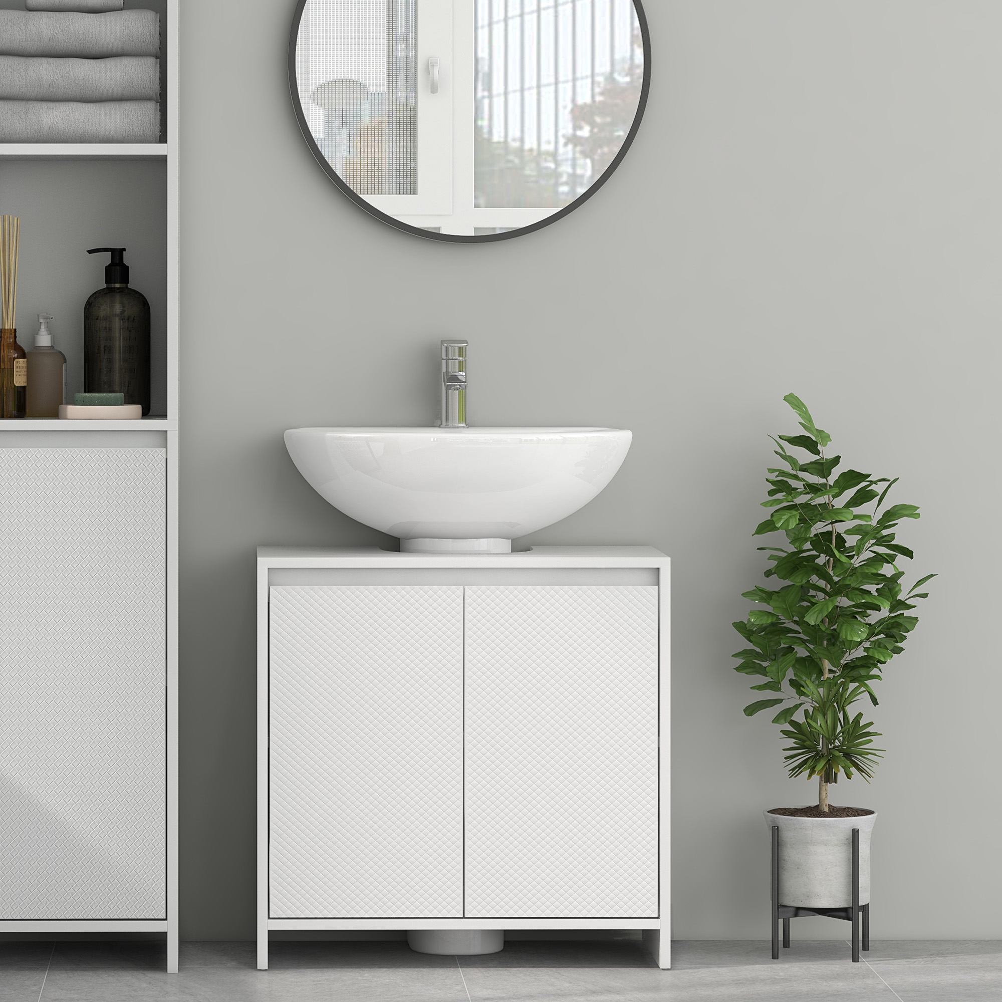 HOMCOM Under Sink Bathroom Cabinet, Freestanding Under Sink Cabinet with 2 Doors and Shelf for Basin without or with Pedestal, White 7