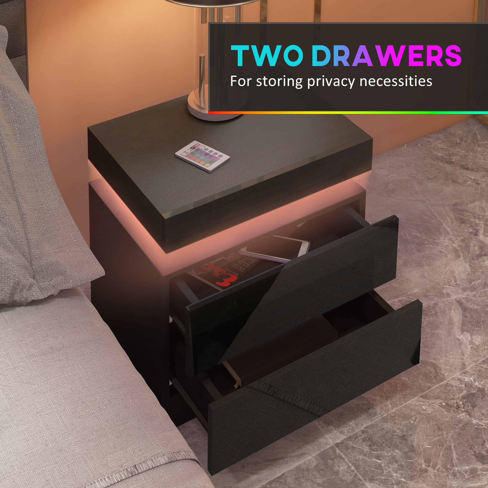 HOMCOM Black Bedside Table with LED Light, High Gloss Front Nightstand with 2 Drawers, for Living Room, Bedroom 6
