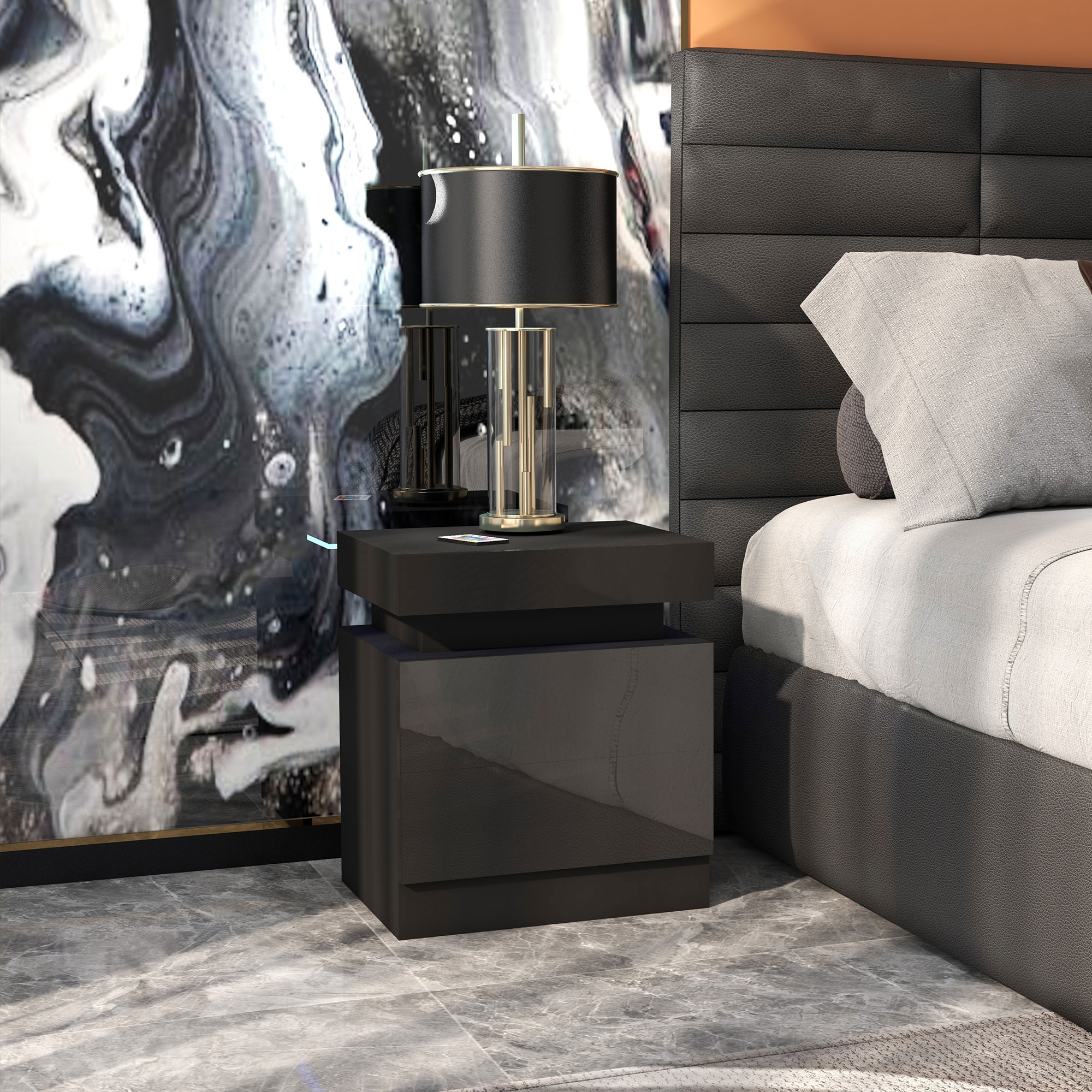 HOMCOM Black Bedside Table with LED Light, High Gloss Front Nightstand with 2 Drawers, for Living Room, Bedroom 8