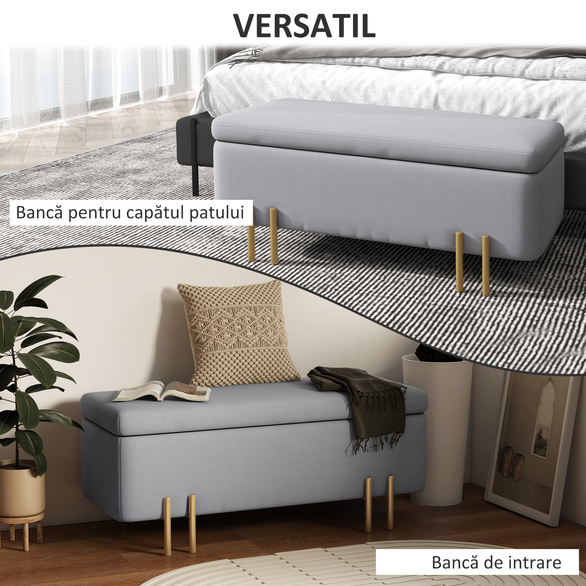  Banca de Depozitare cu sezut Tapitat si Picioare Lacuite Aurii, 100x40x42 cm, Gri [5]