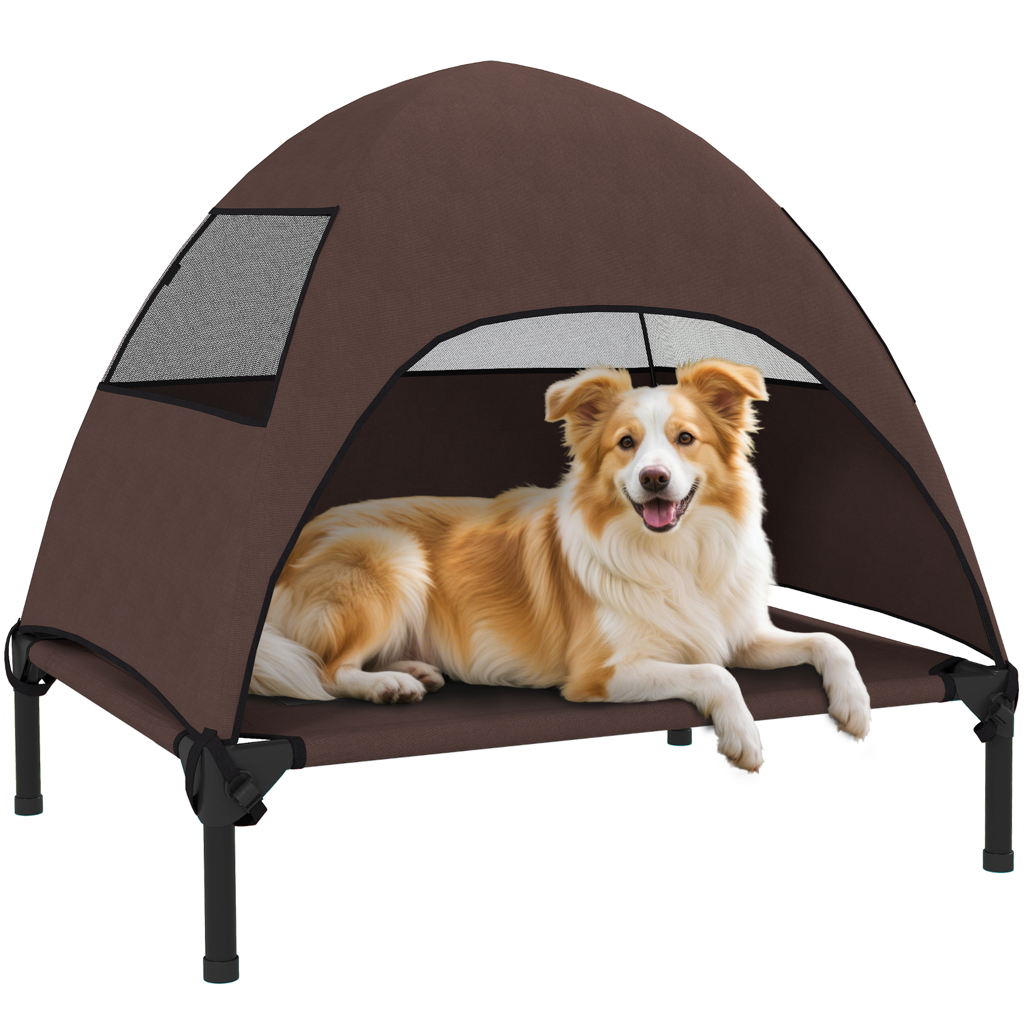 PawHut verhoogd hondenbed, met Verwijderbaar Dak, Incl. opbergtas, Goede ventilatie, voor Middelgrote Honden tot 20 kg, 76x61x71cm, Koffie | Aosom.nl