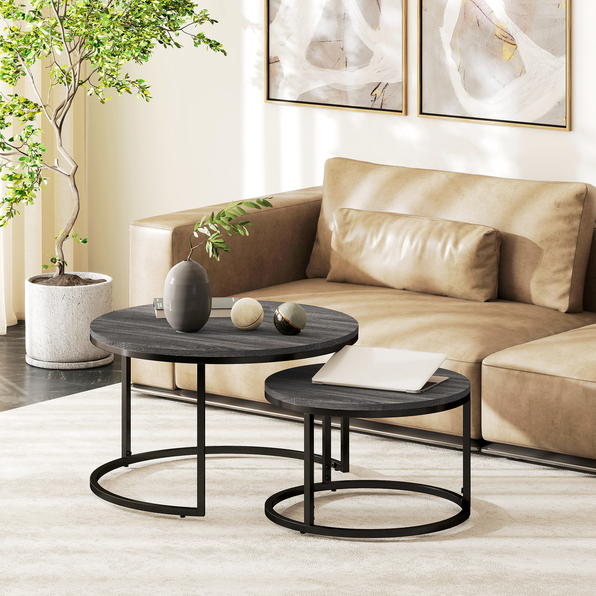 HOMCOM Set of Two Marble-Effect Stacking Tables Black 8