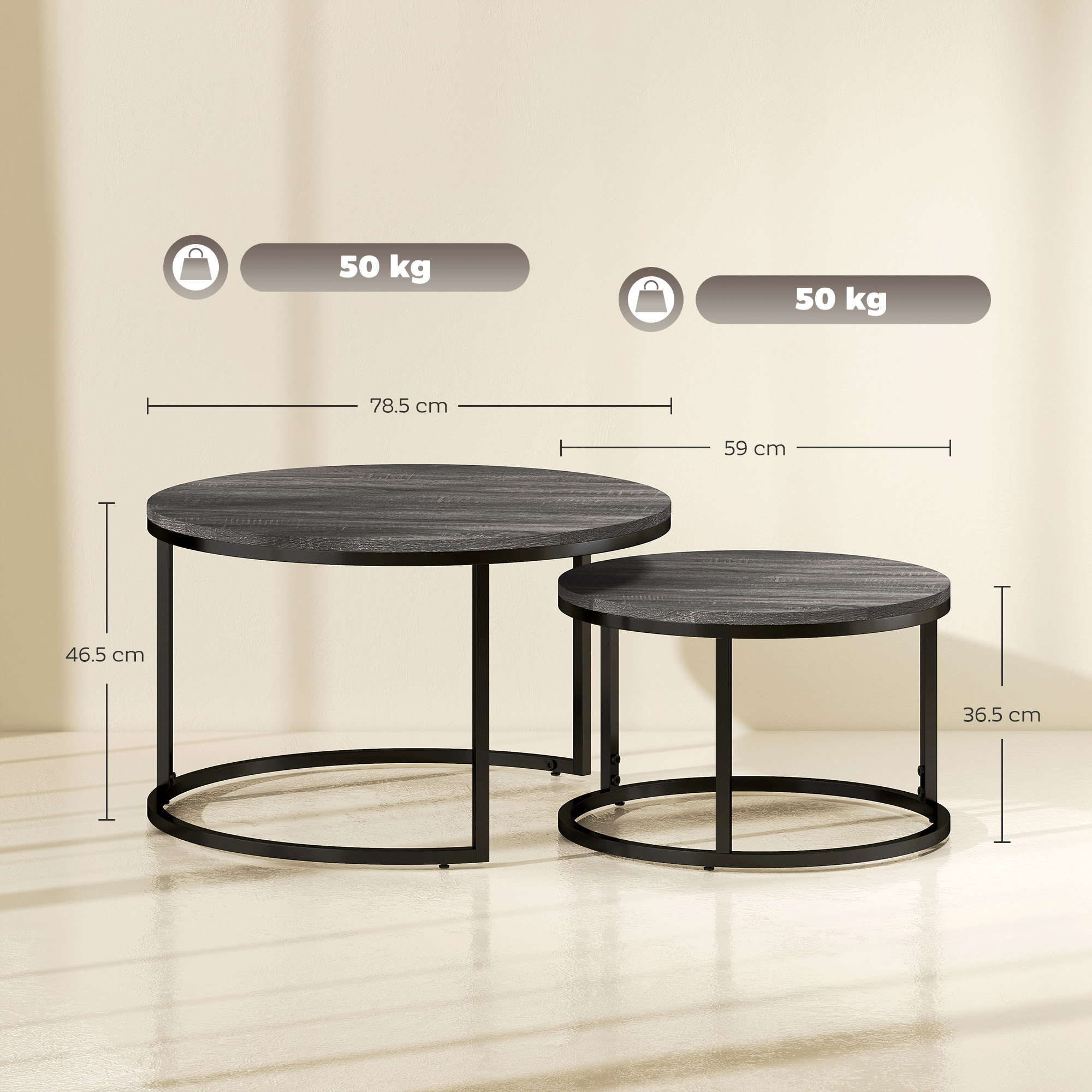 HOMCOM Set of Two Marble-Effect Stacking Tables Black 3